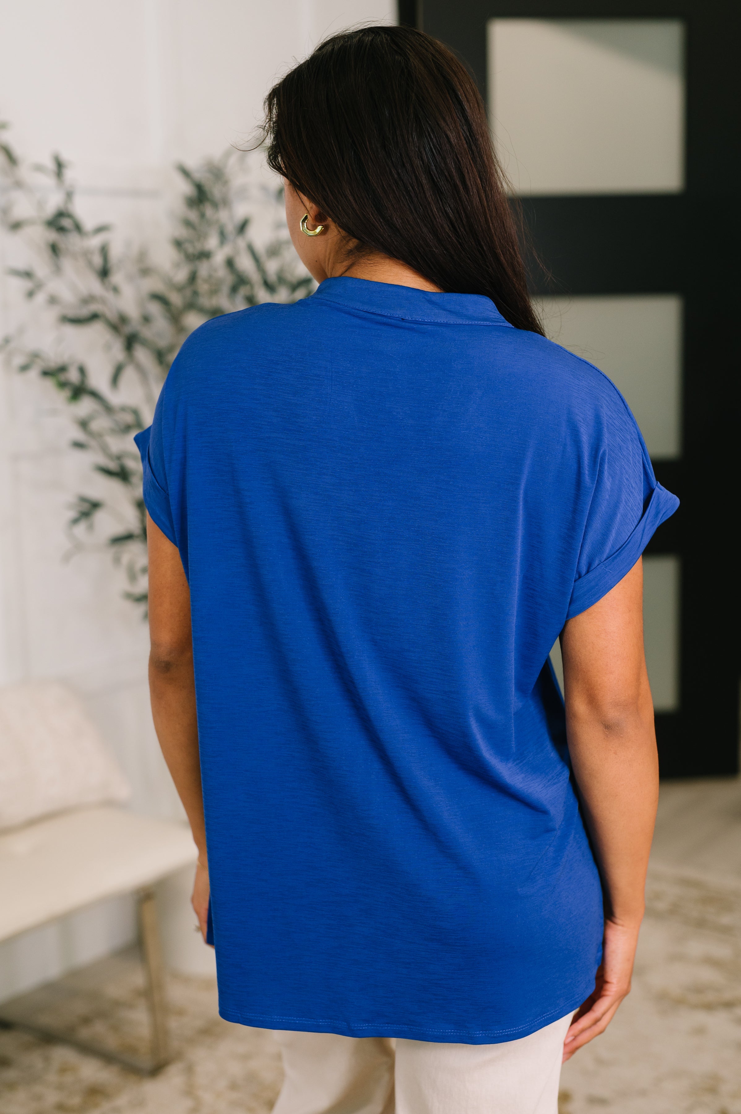 Lizzy Bloom Split Neck Blouse in Royal Blue - Charming Charlie