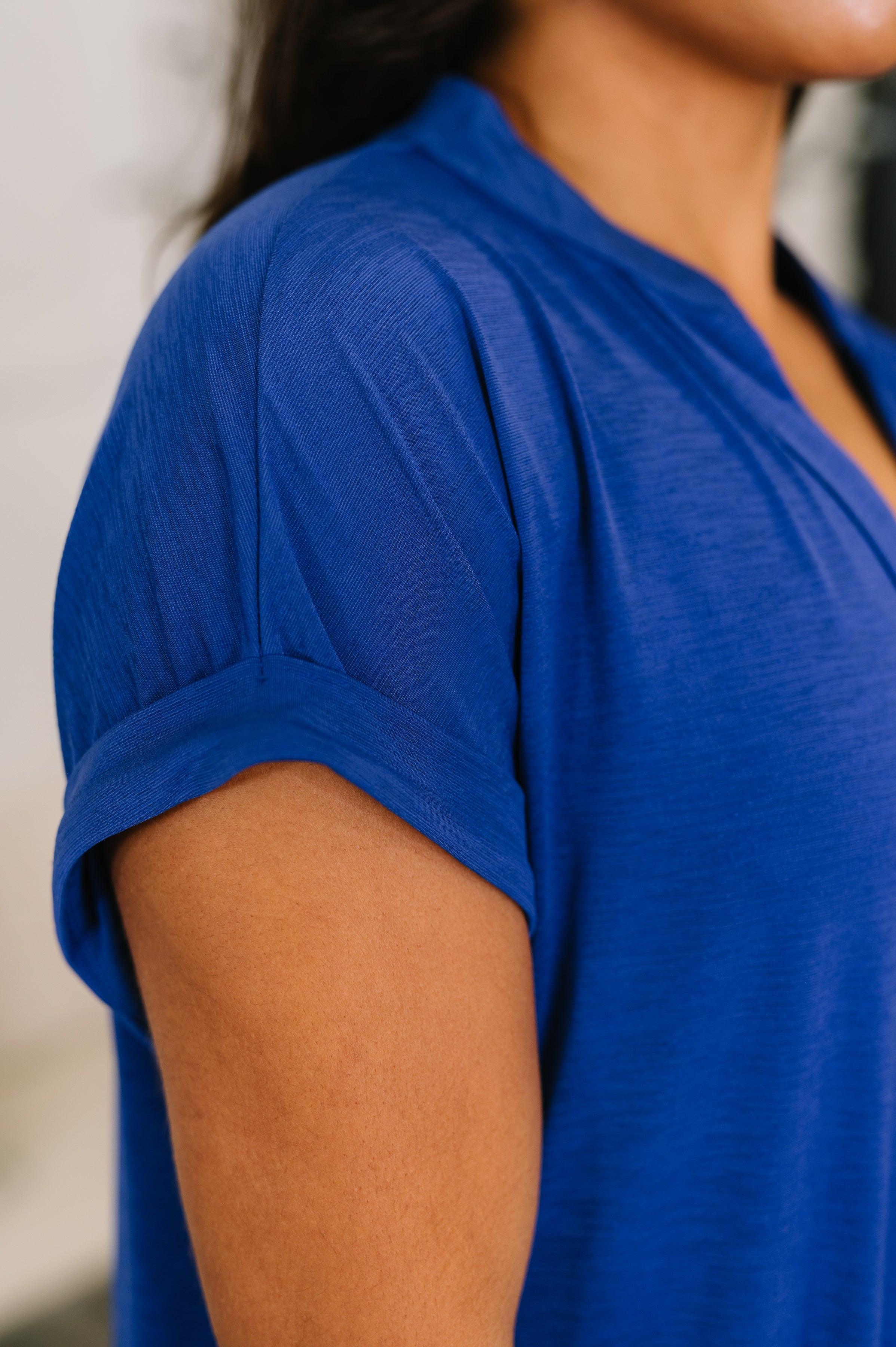 Lizzy Bloom Split Neck Blouse in Royal Blue - Charming Charlie