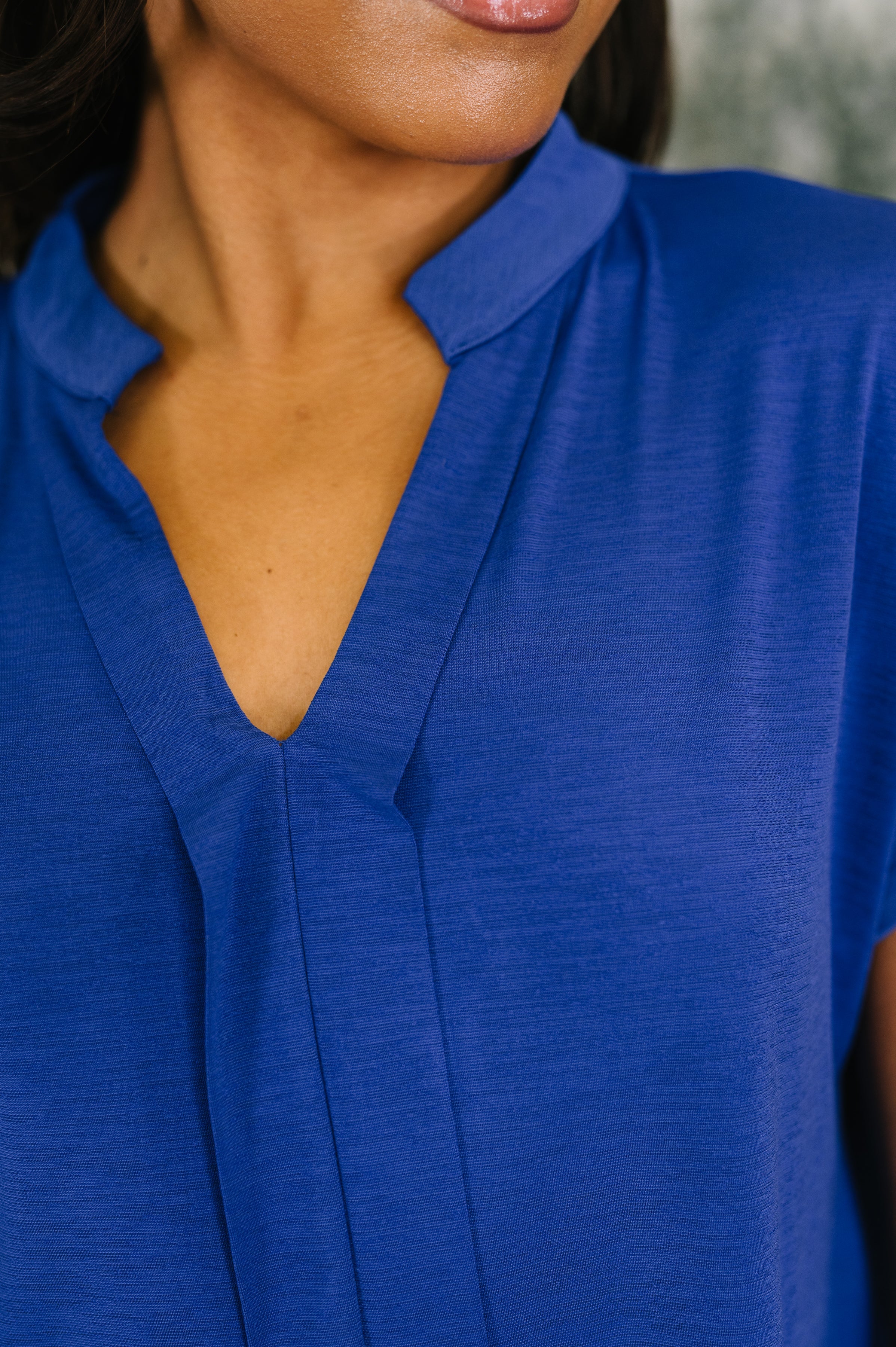 Lizzy Bloom Split Neck Blouse in Royal Blue - Charming Charlie