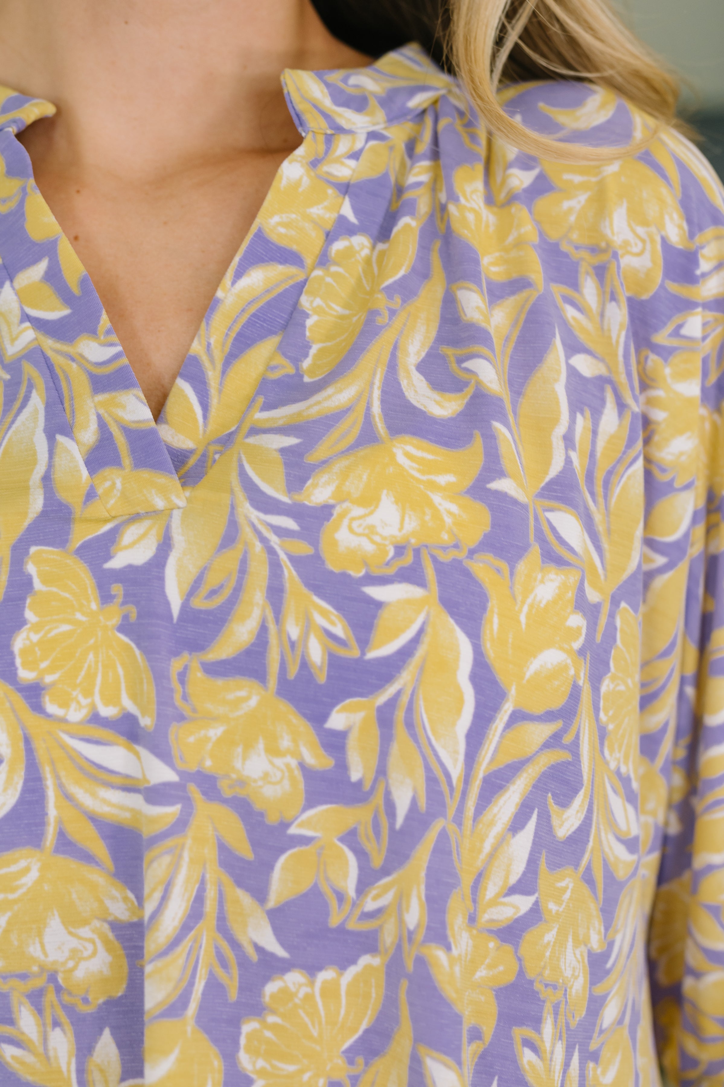 Lizzy Breeze Top in Purple and Yellow Floral - Charming Charlie
