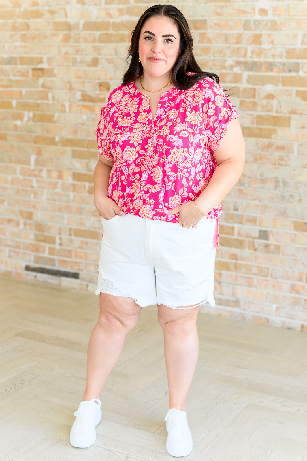 Lizzy Cap Sleeve Top in Pink and Peach Floral - Charming Charlie