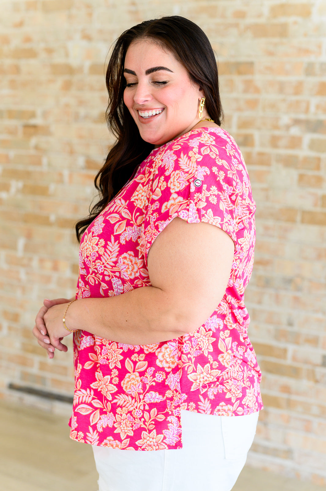 Lizzy Cap Sleeve Top in Pink and Peach Floral - Charming Charlie
