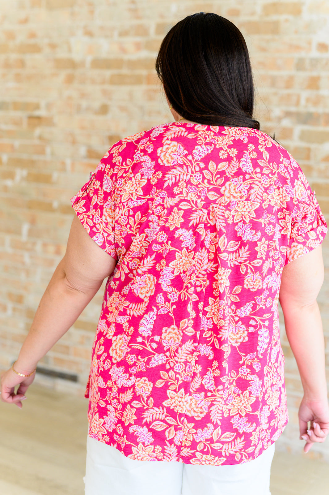 Lizzy Cap Sleeve Top in Pink and Peach Floral - Charming Charlie