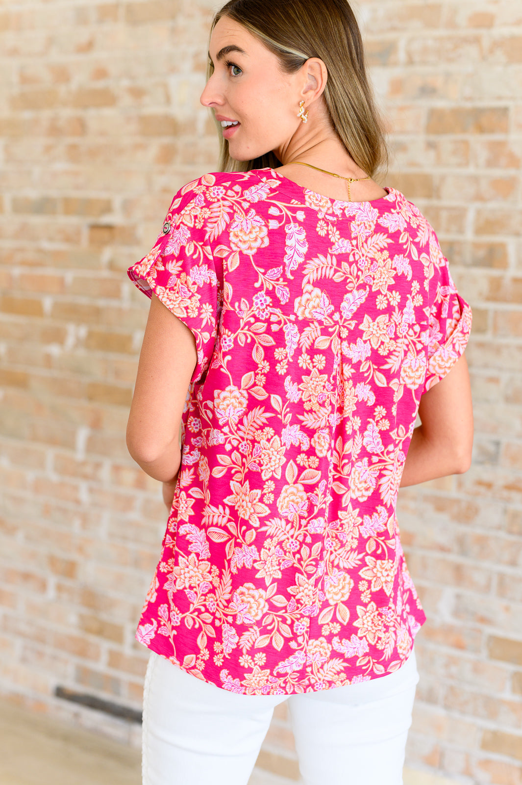Lizzy Cap Sleeve Top in Pink and Peach Floral - Charming Charlie