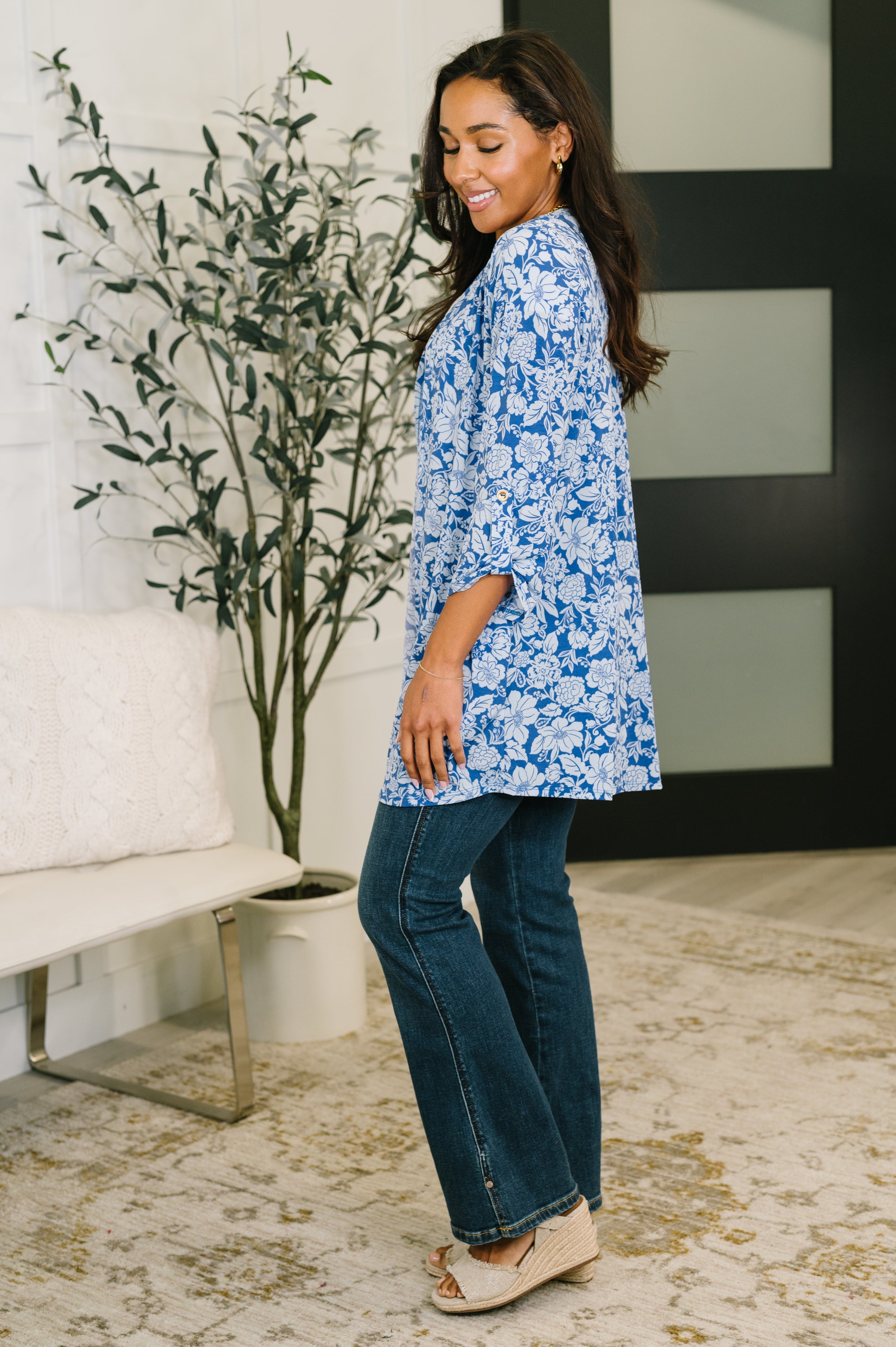 Lizzy Cardigan in Blue and White Floral - Charming Charlie