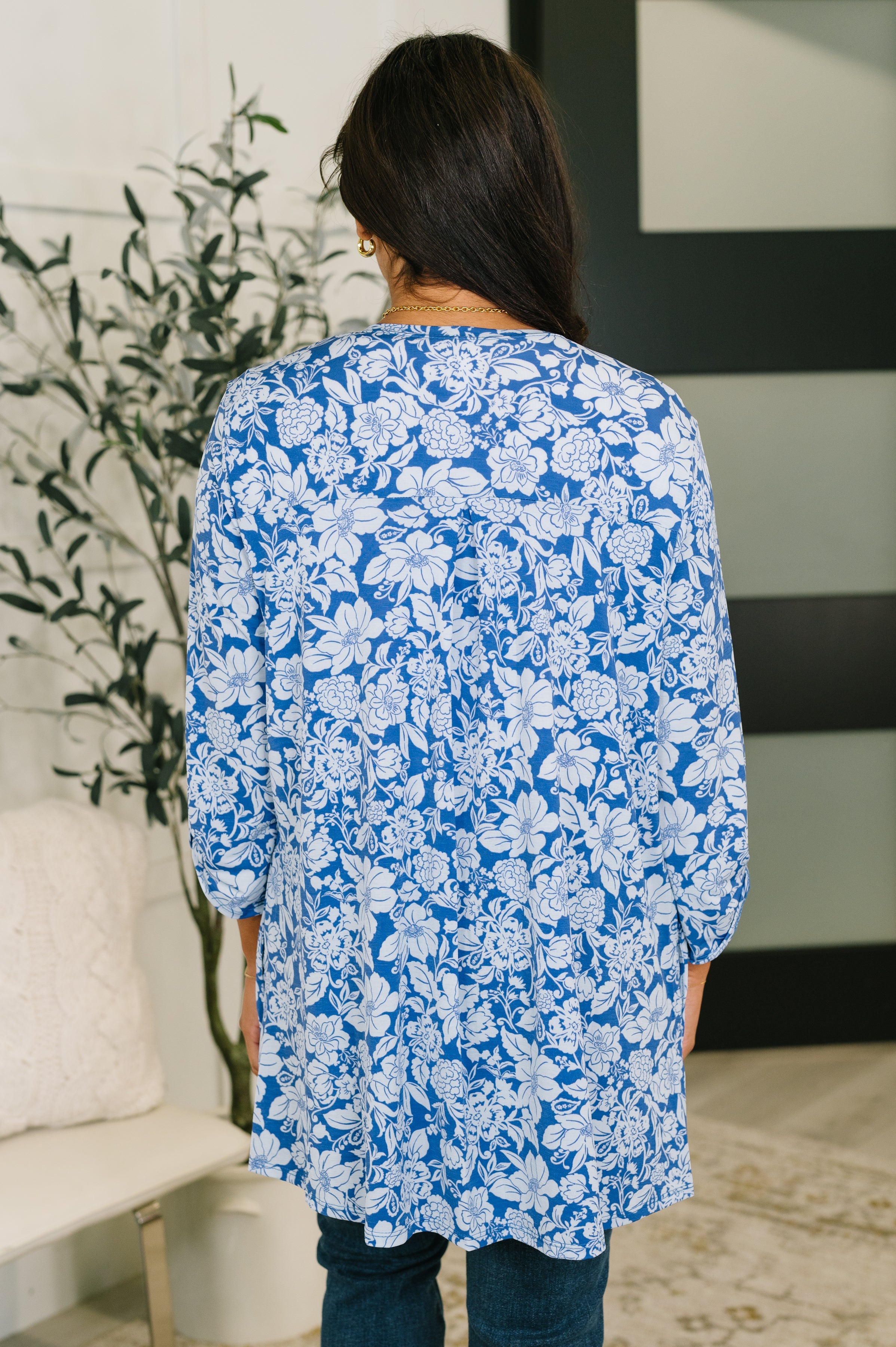Lizzy Cardigan in Blue and White Floral - Charming Charlie