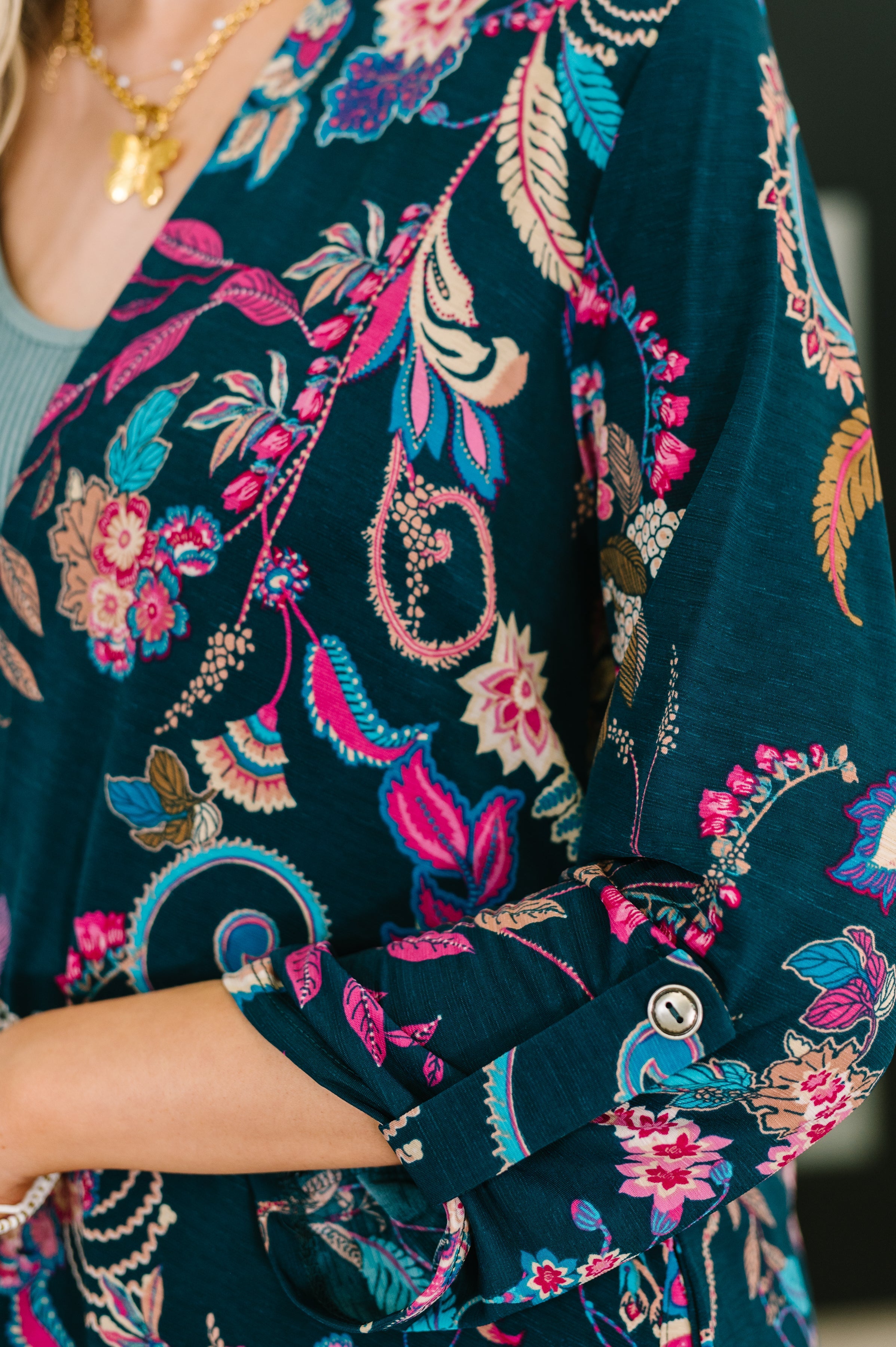 Lizzy Cardigan in Hunter Green Floral Paisley - Charming Charlie