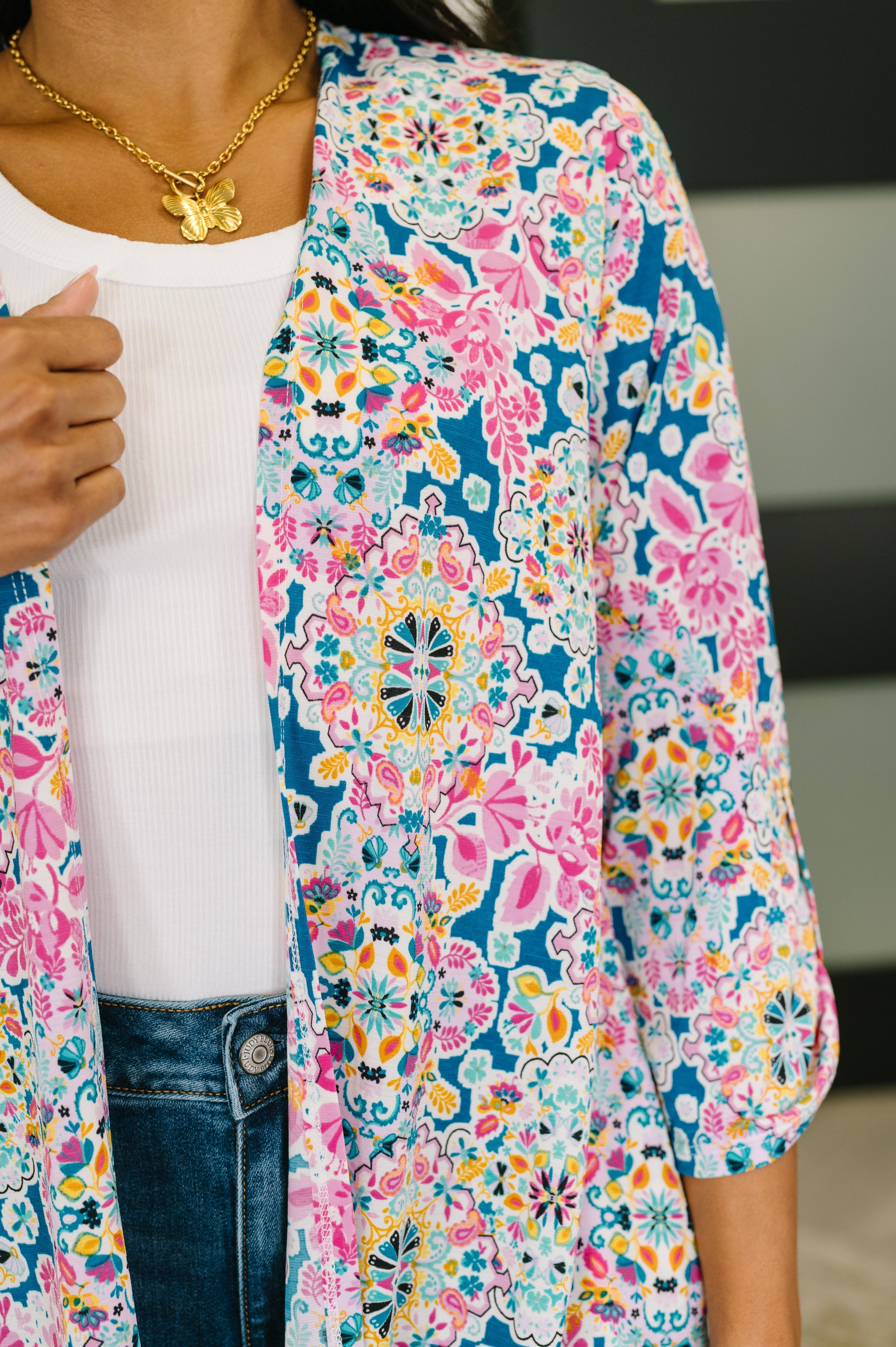 Lizzy Cardigan in Teal and Pink Floral Abstract - Charming Charlie
