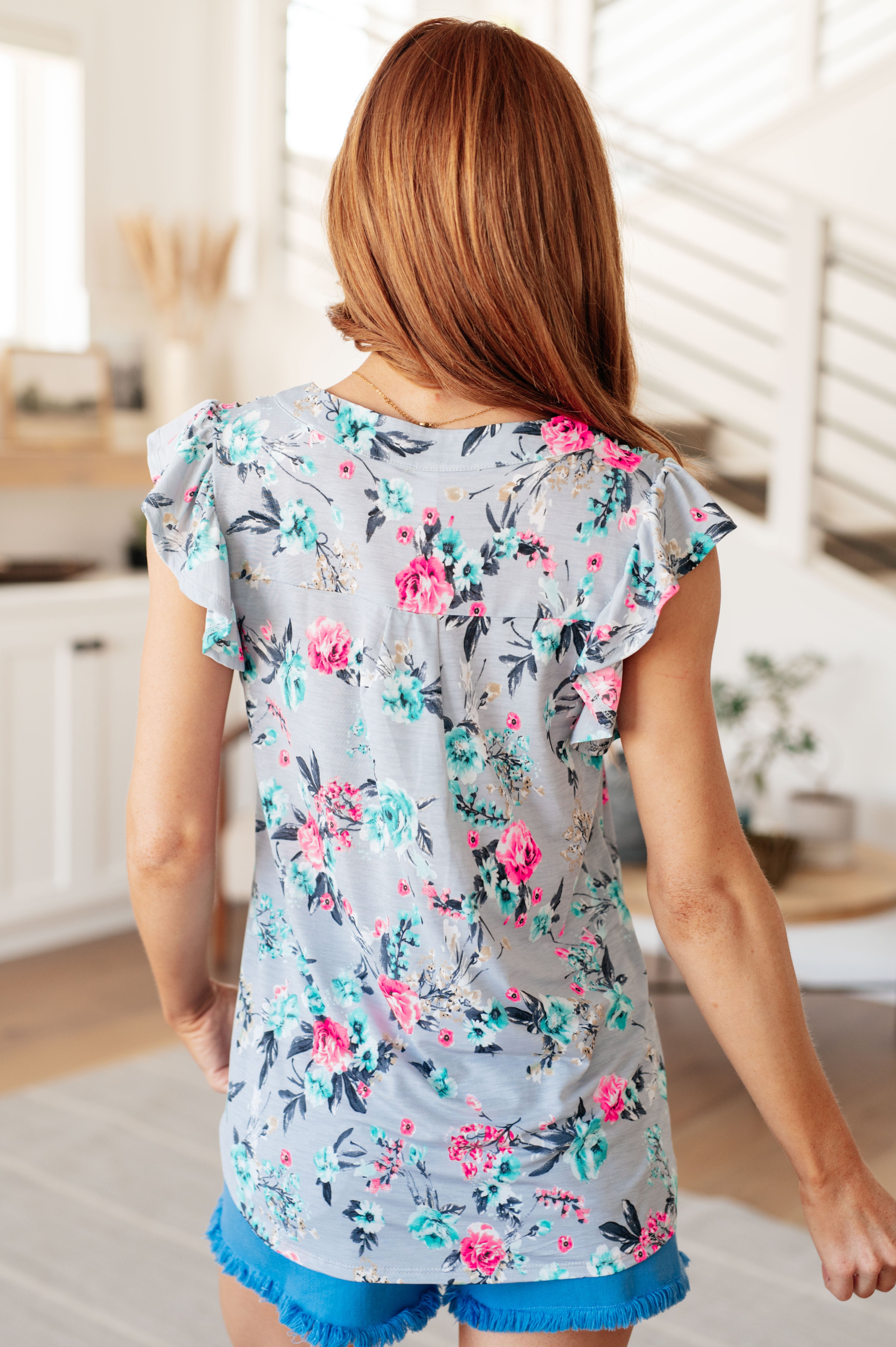 Lizzy Flutter Sleeve Top in Grey and Mint Floral - Charming Charlie