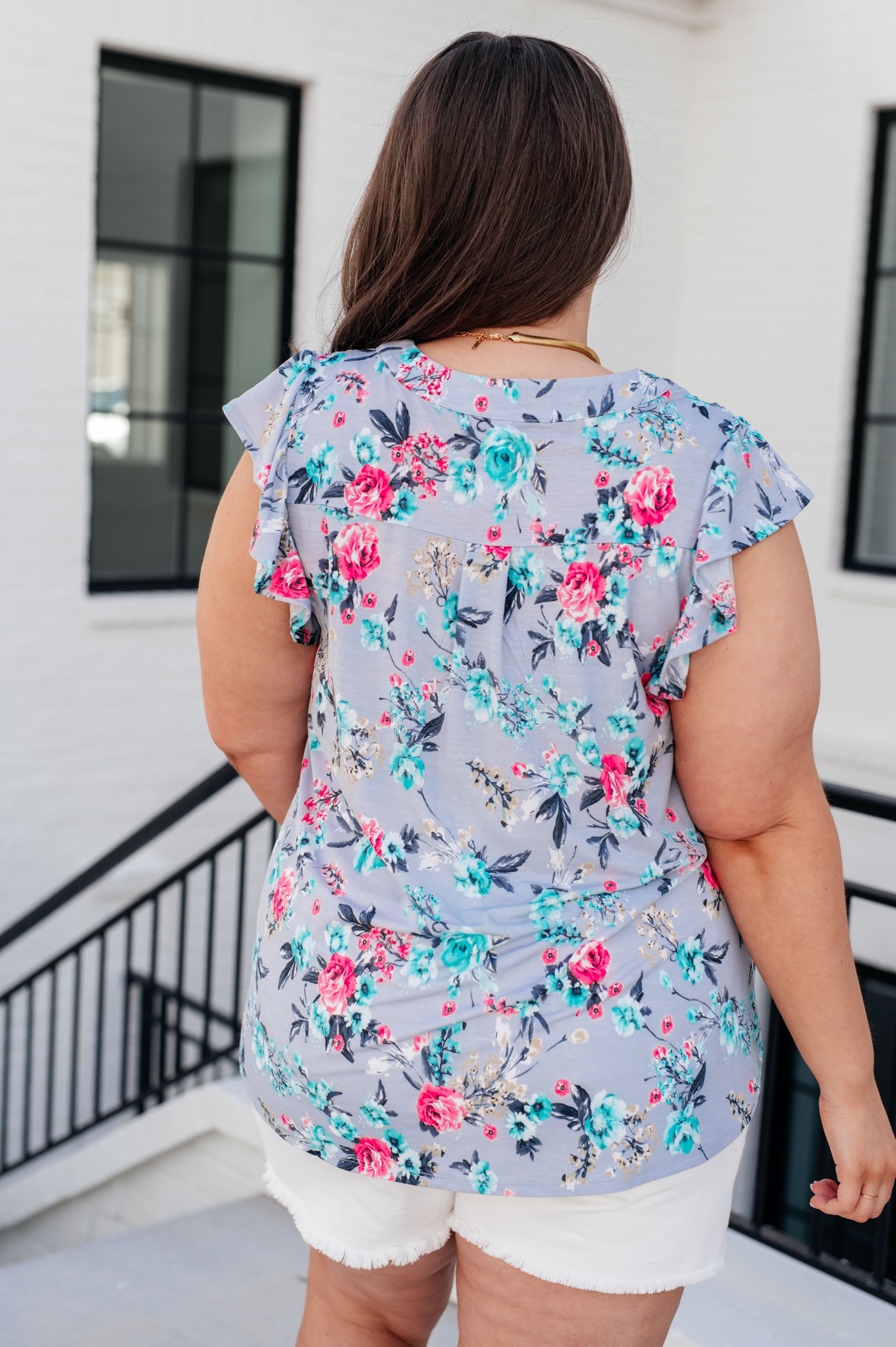 Lizzy Flutter Sleeve Top in Grey and Mint Floral - Charming Charlie