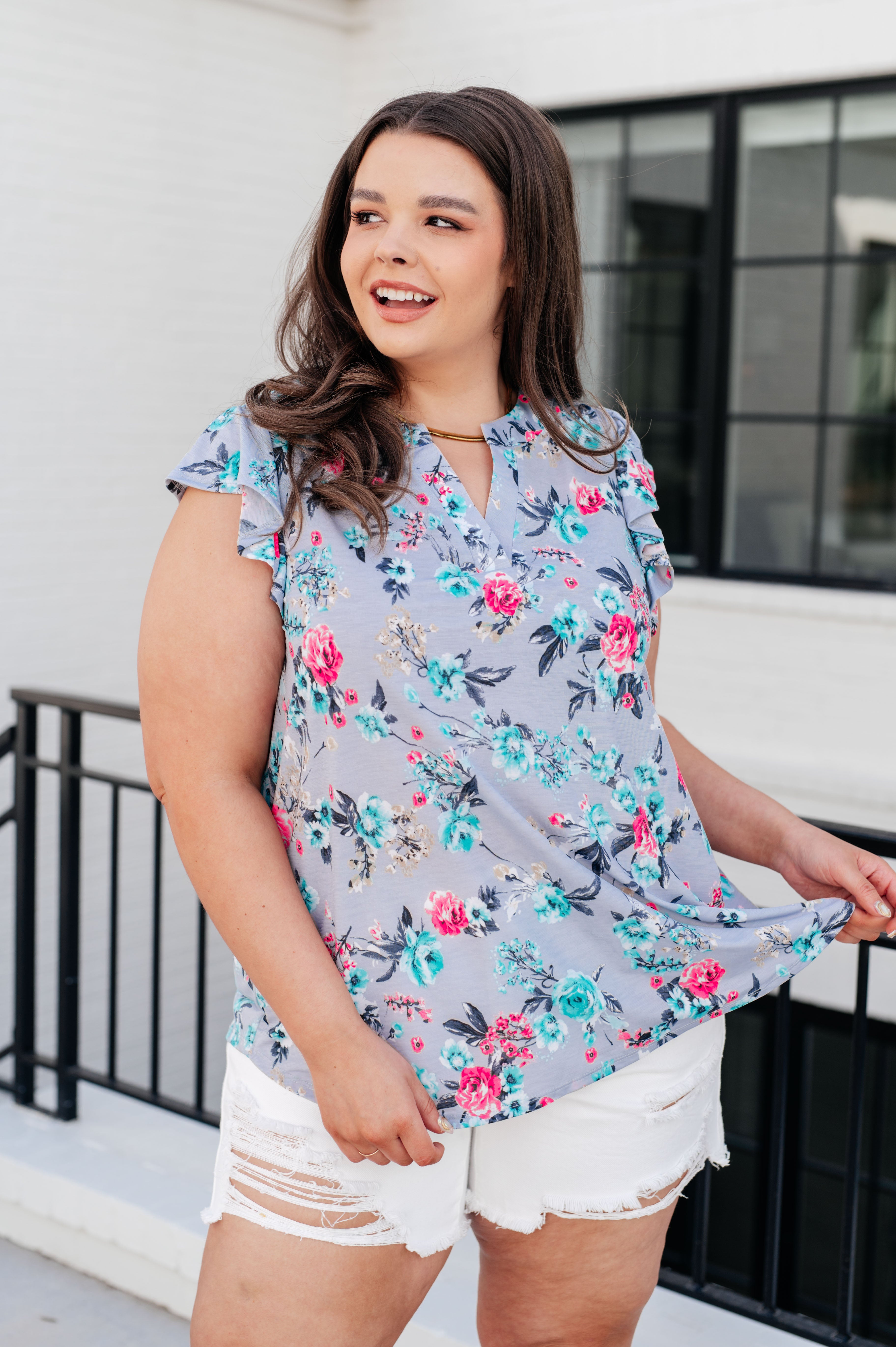 Lizzy Flutter Sleeve Top in Grey and Mint Floral - Charming Charlie