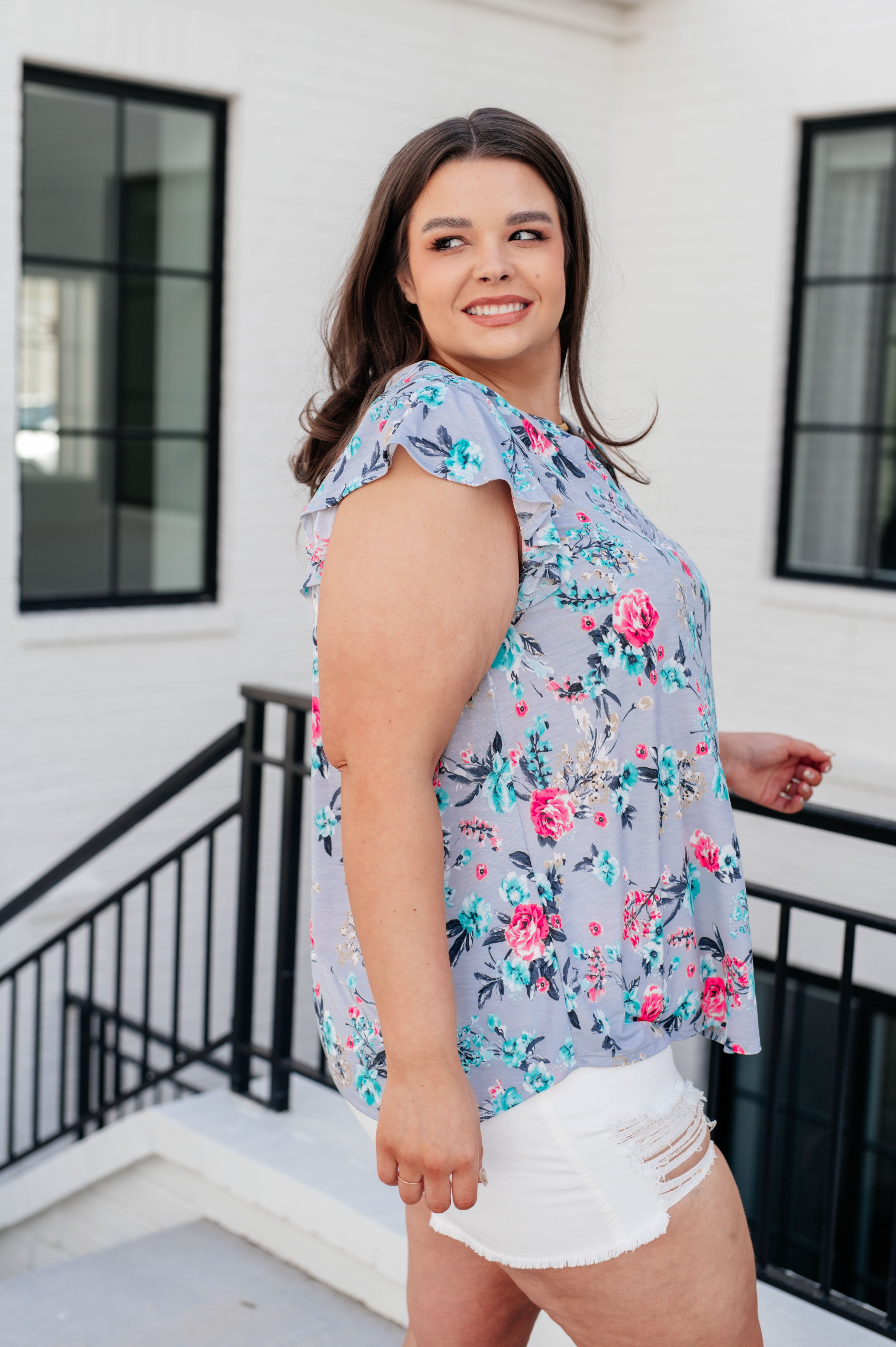 Lizzy Flutter Sleeve Top in Grey and Mint Floral - Charming Charlie