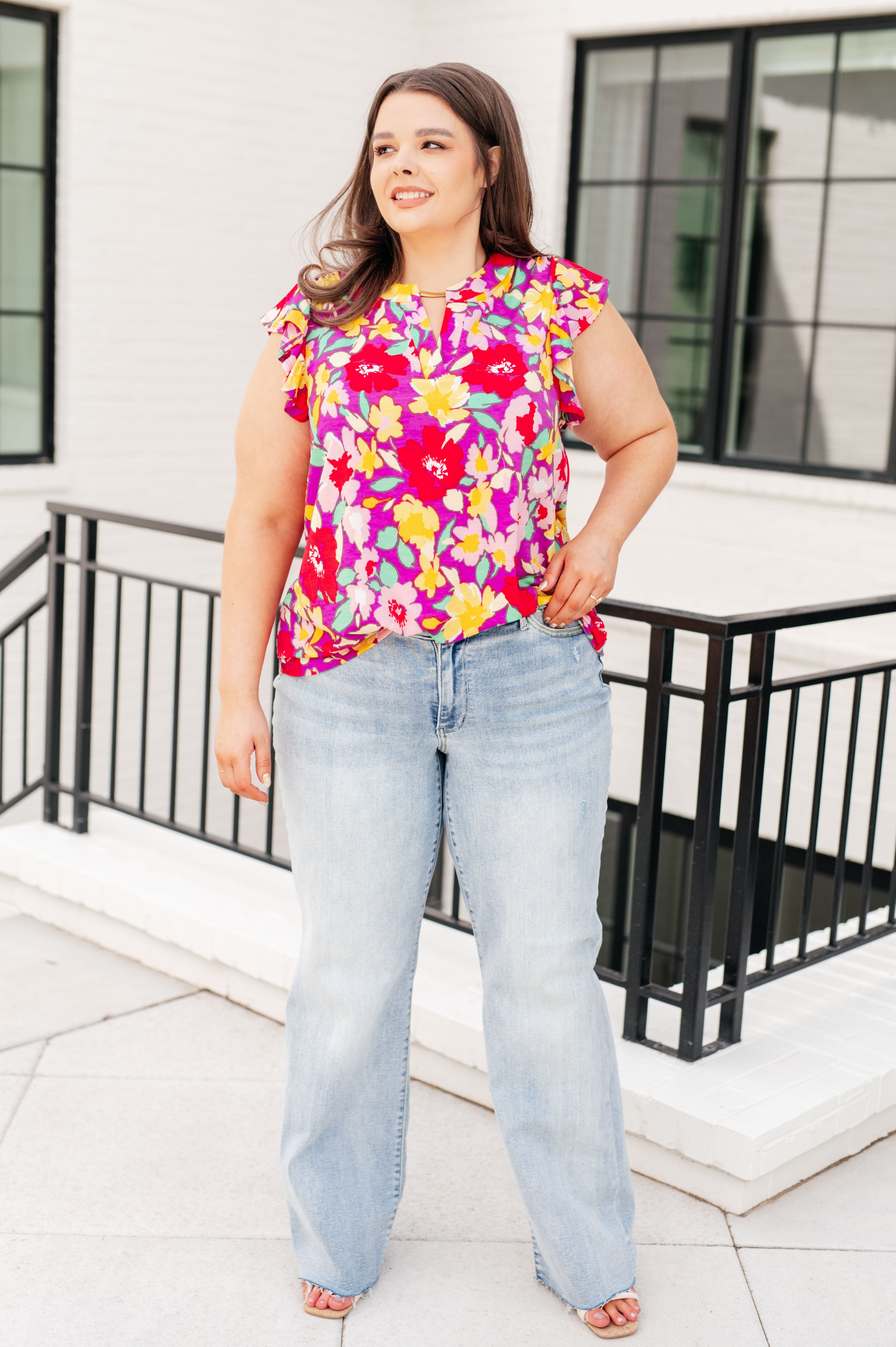 Lizzy Flutter Sleeve Top in Magenta and Yellow Floral - Charming Charlie
