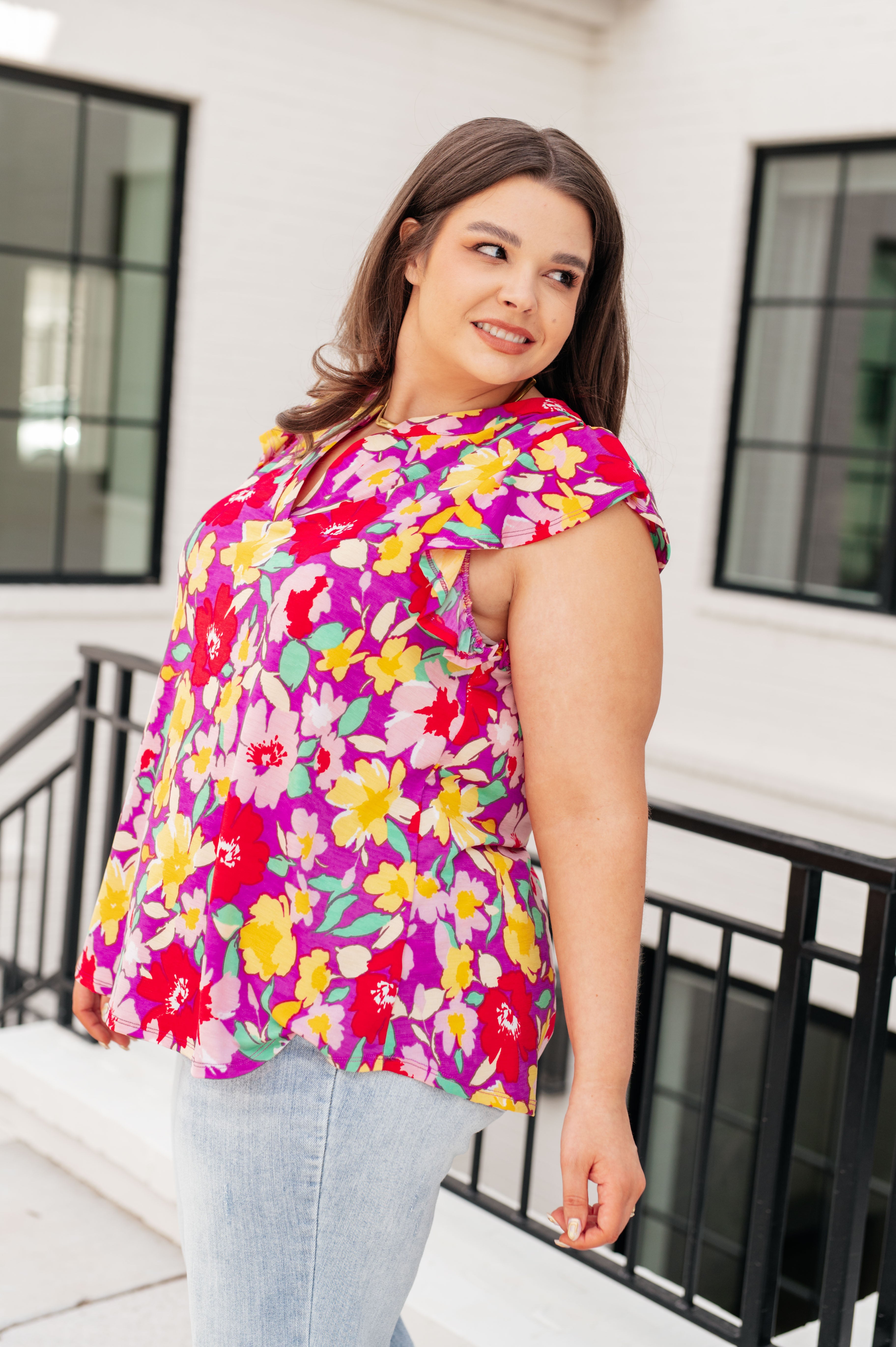 Lizzy Flutter Sleeve Top in Magenta and Yellow Floral - Charming Charlie