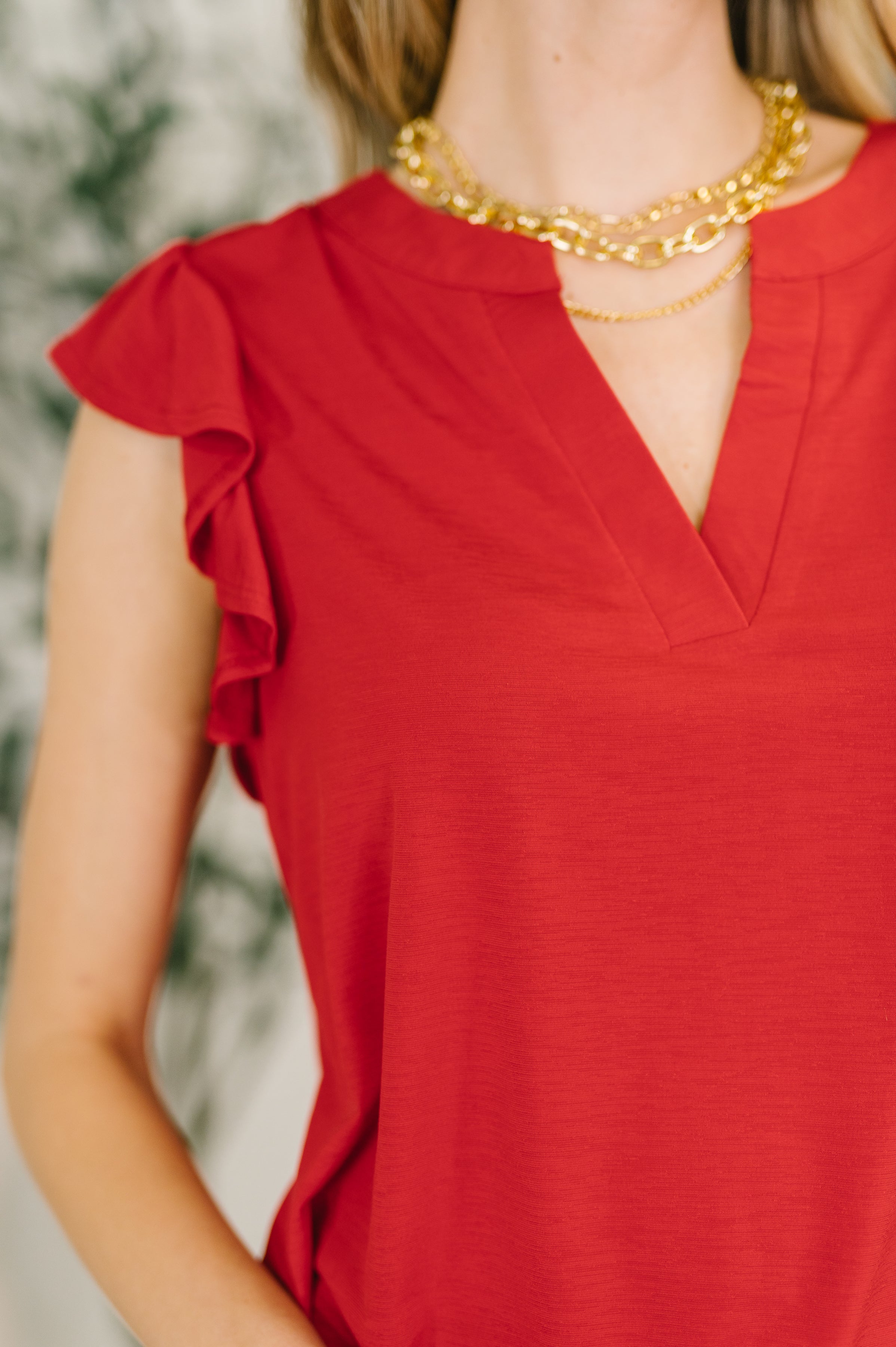 Lizzy Flutter Sleeve V-Neck Blouse in Red - Charming Charlie