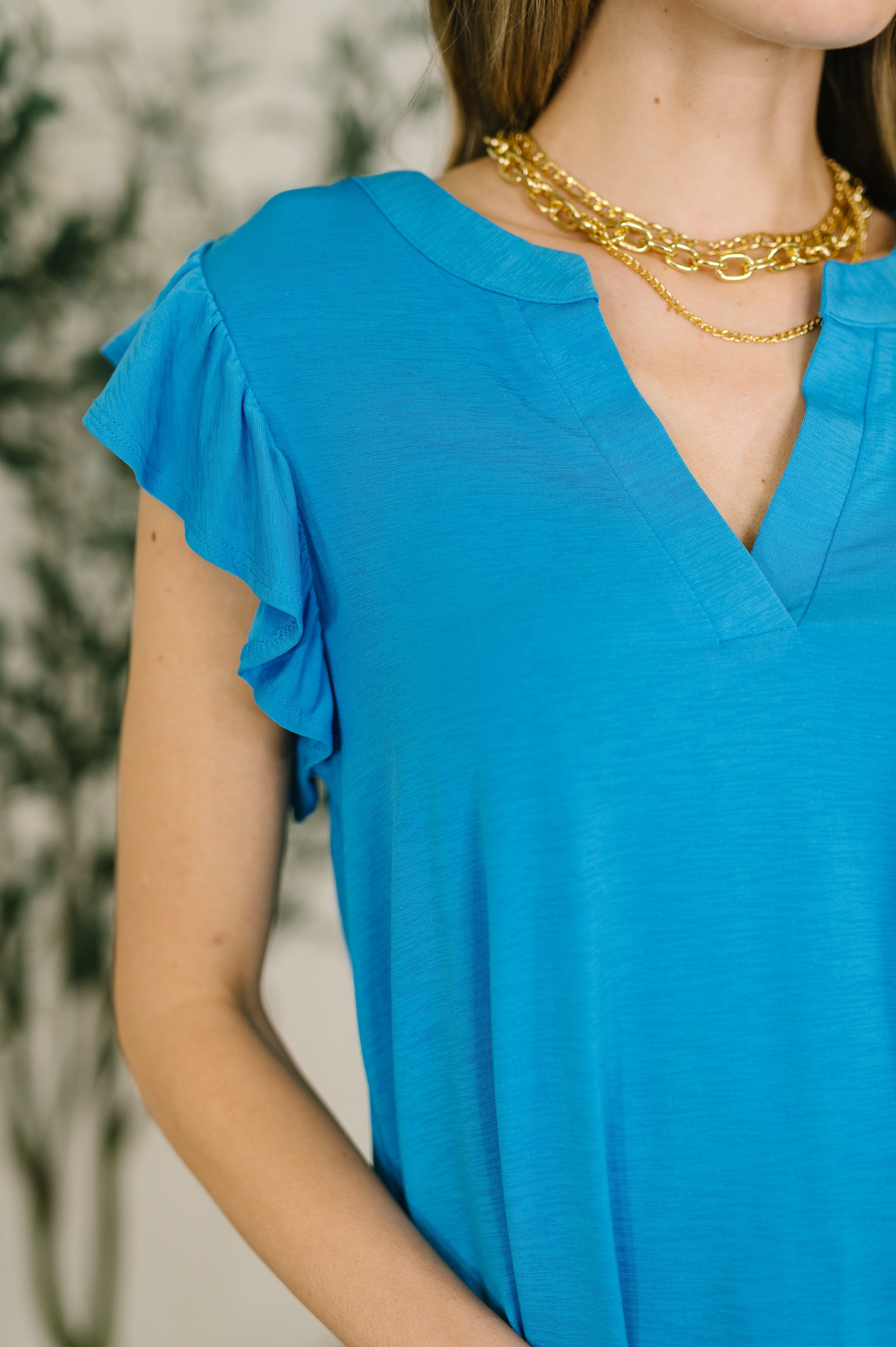 Lizzy Flutter Sleeve V-Neck Blouse in in Aqua - Charming Charlie