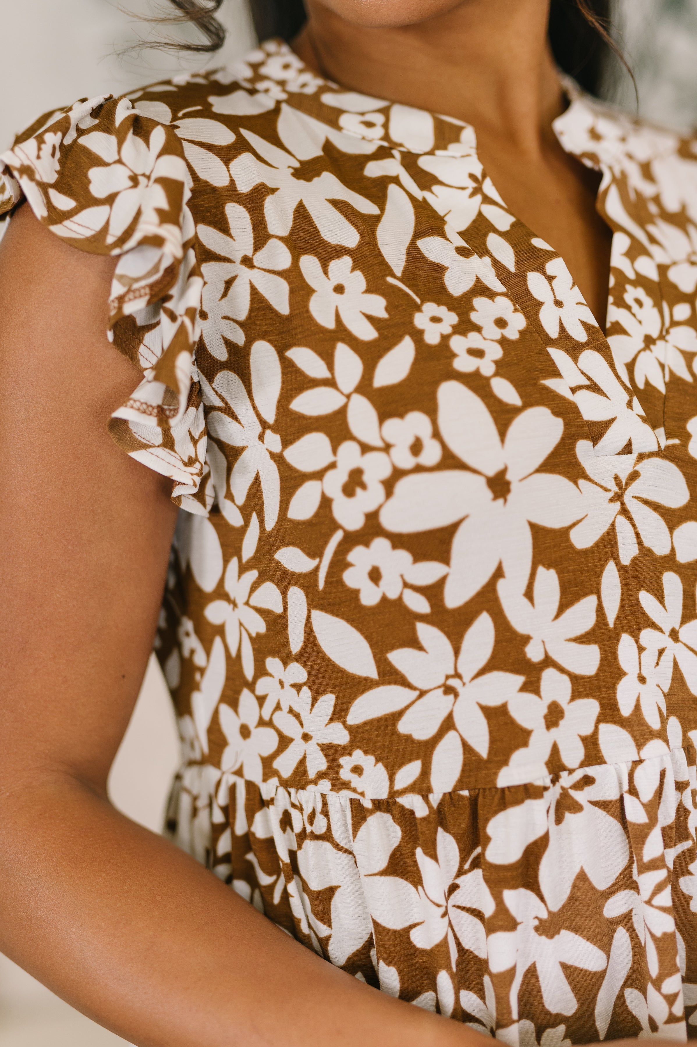 Lizzy Forever Flutter Sleeve Dress in Basic Mocha and White Floral - Charming Charlie
