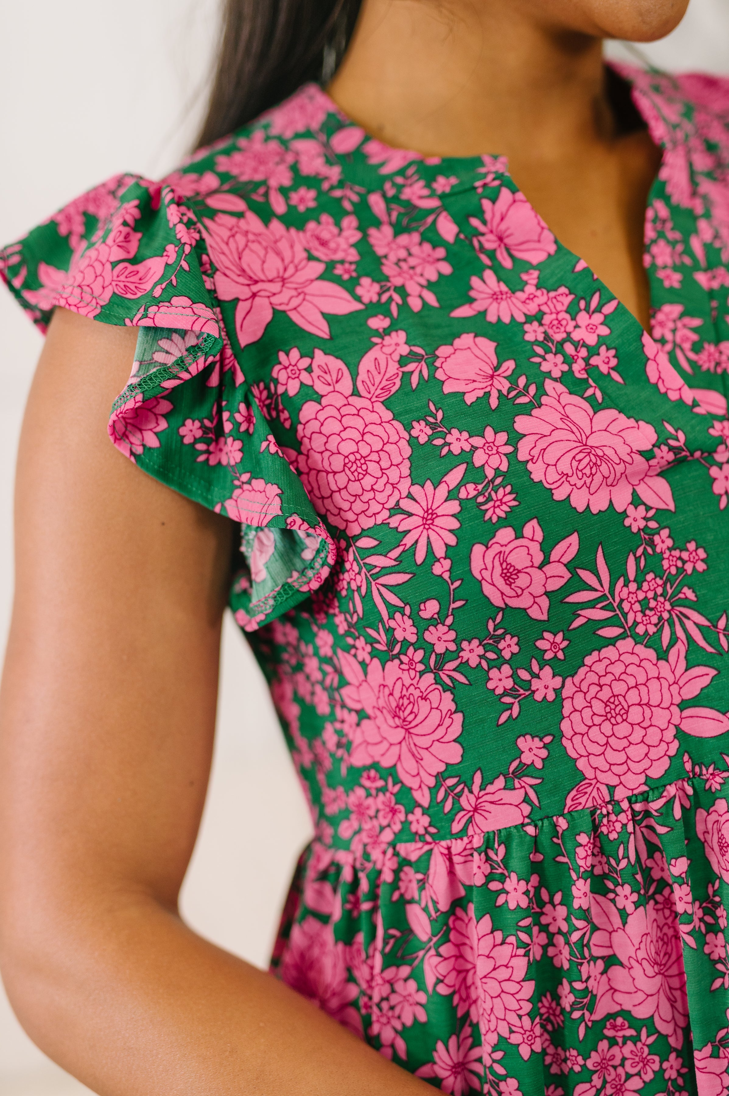Lizzy Forever Flutter Sleeve Dress in Green and Pink Floral - Charming Charlie
