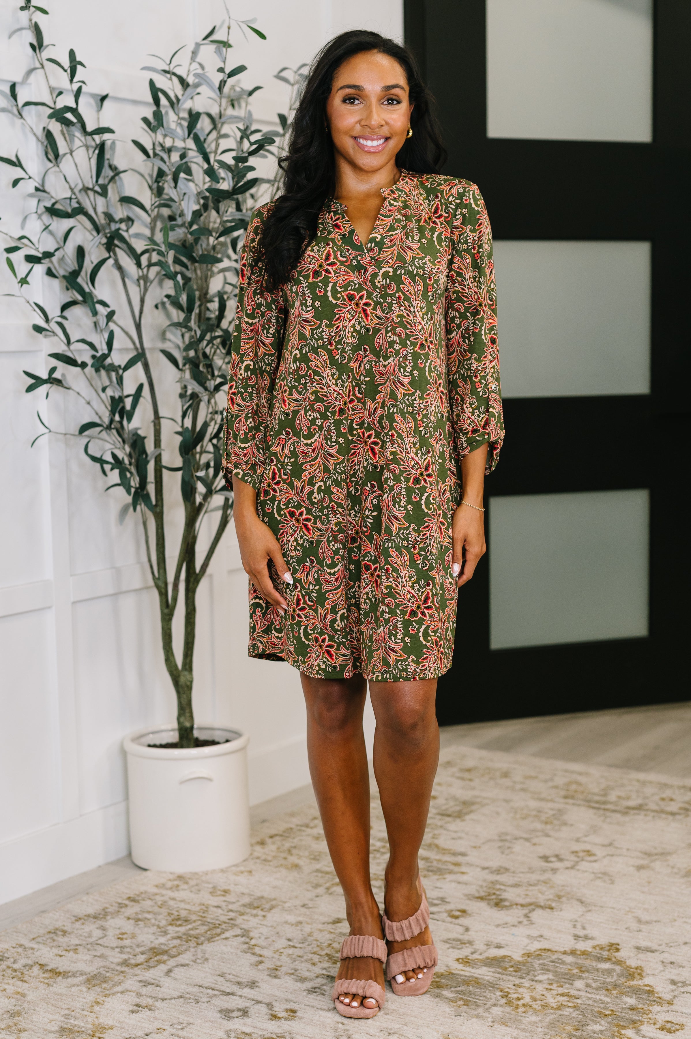 Lizzy Long Sleeve Dress in Olive Paisley - Charming Charlie