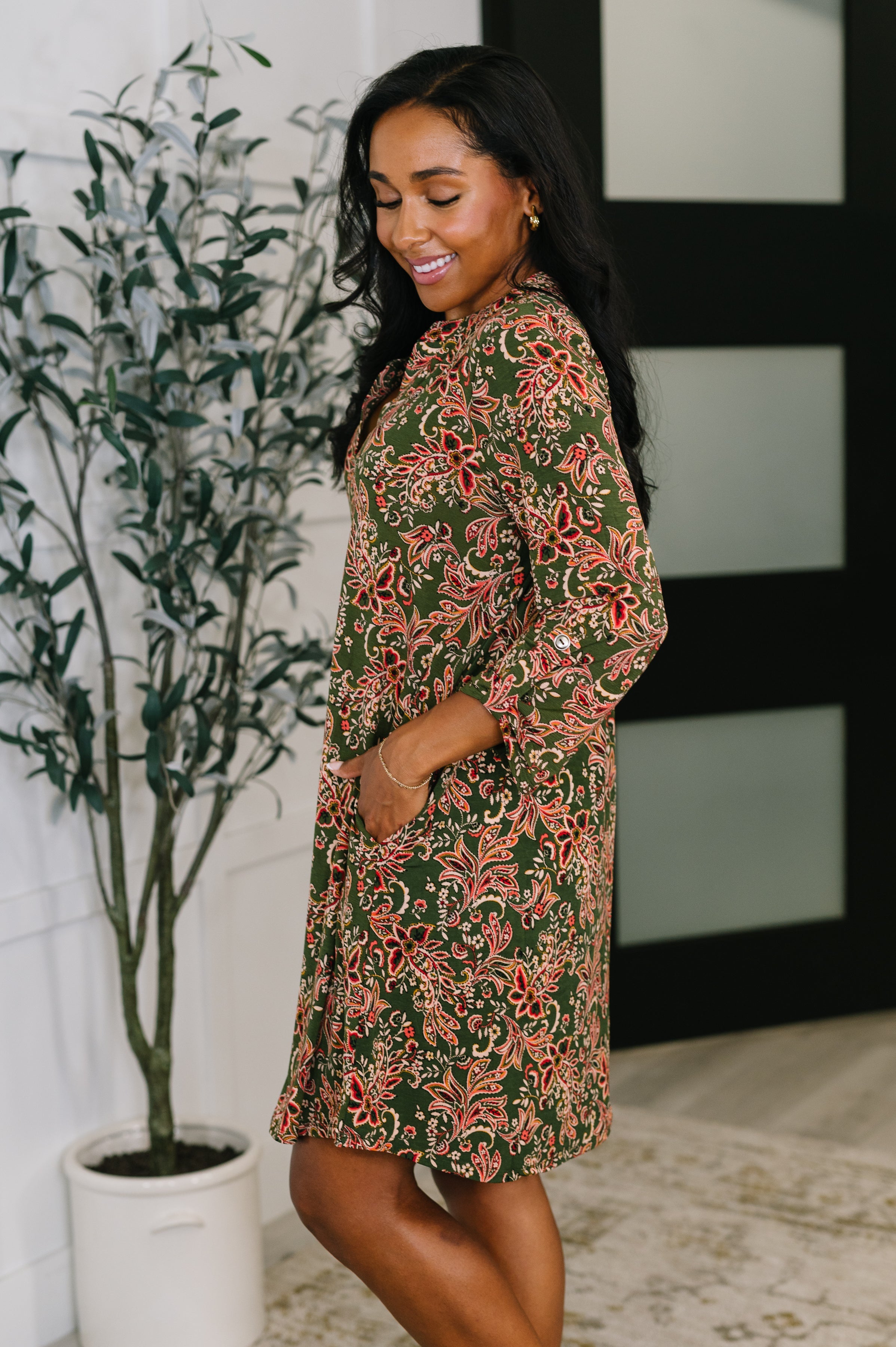 Lizzy Long Sleeve Dress in Olive Paisley - Charming Charlie