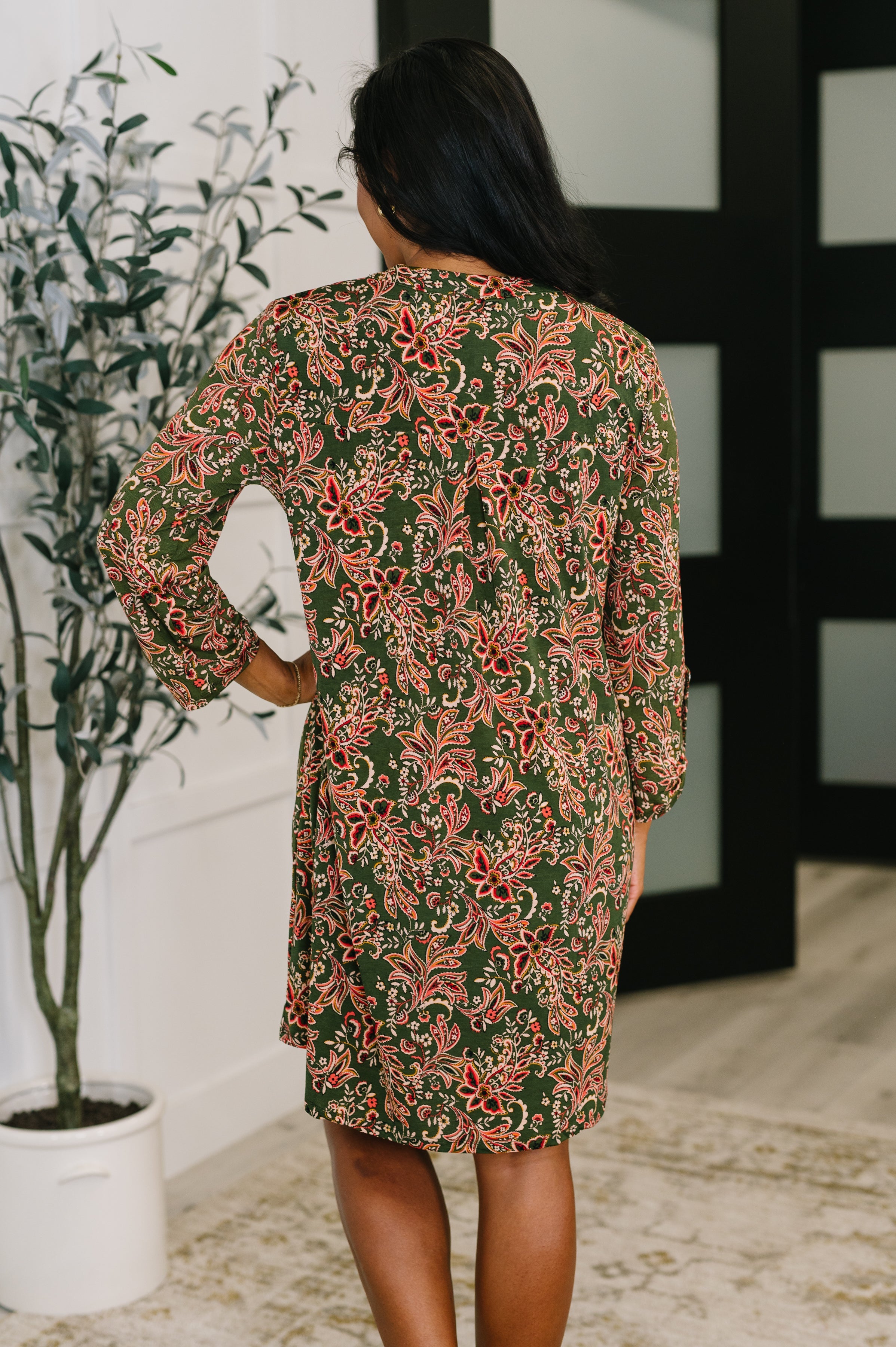 Lizzy Long Sleeve Dress in Olive Paisley - Charming Charlie