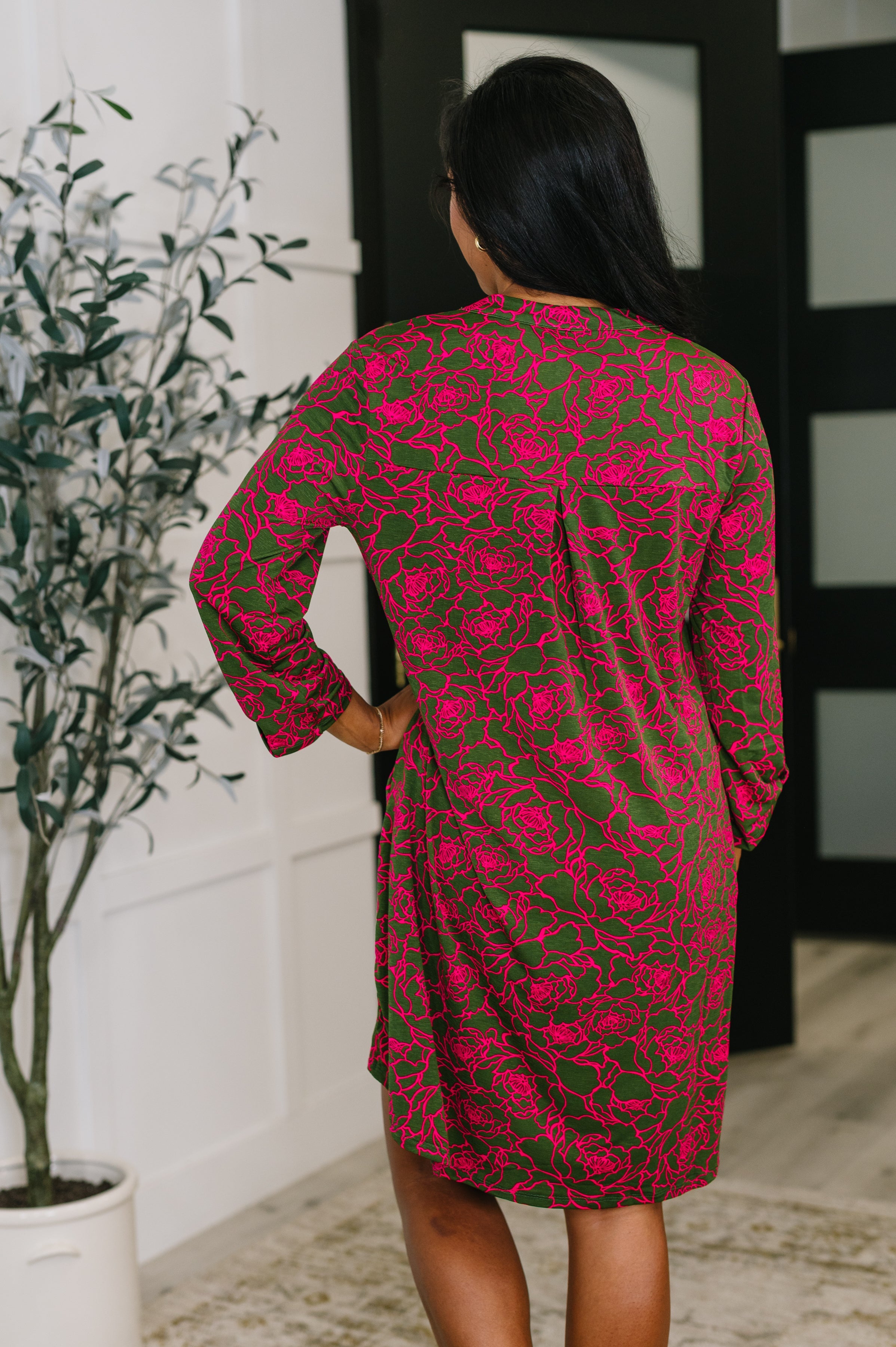 Lizzy Long Sleeve Dress in Pink and Olive Abstract Floral - Charming Charlie