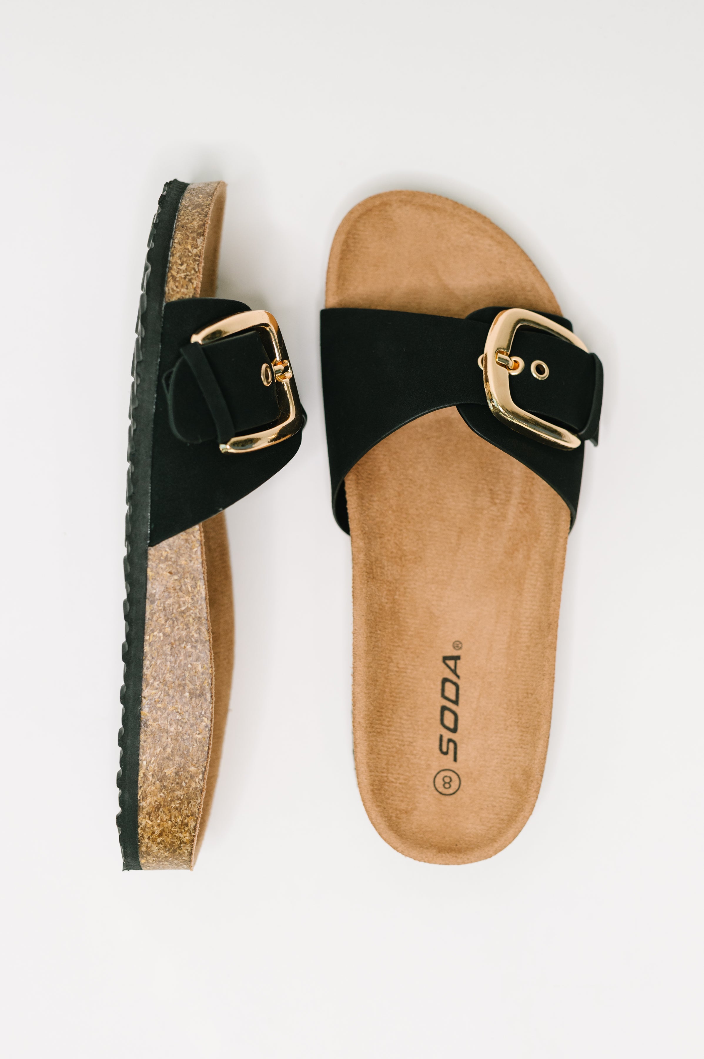 Lizzy Slip On Buckle Strap Sandal in Black - Charming Charlie