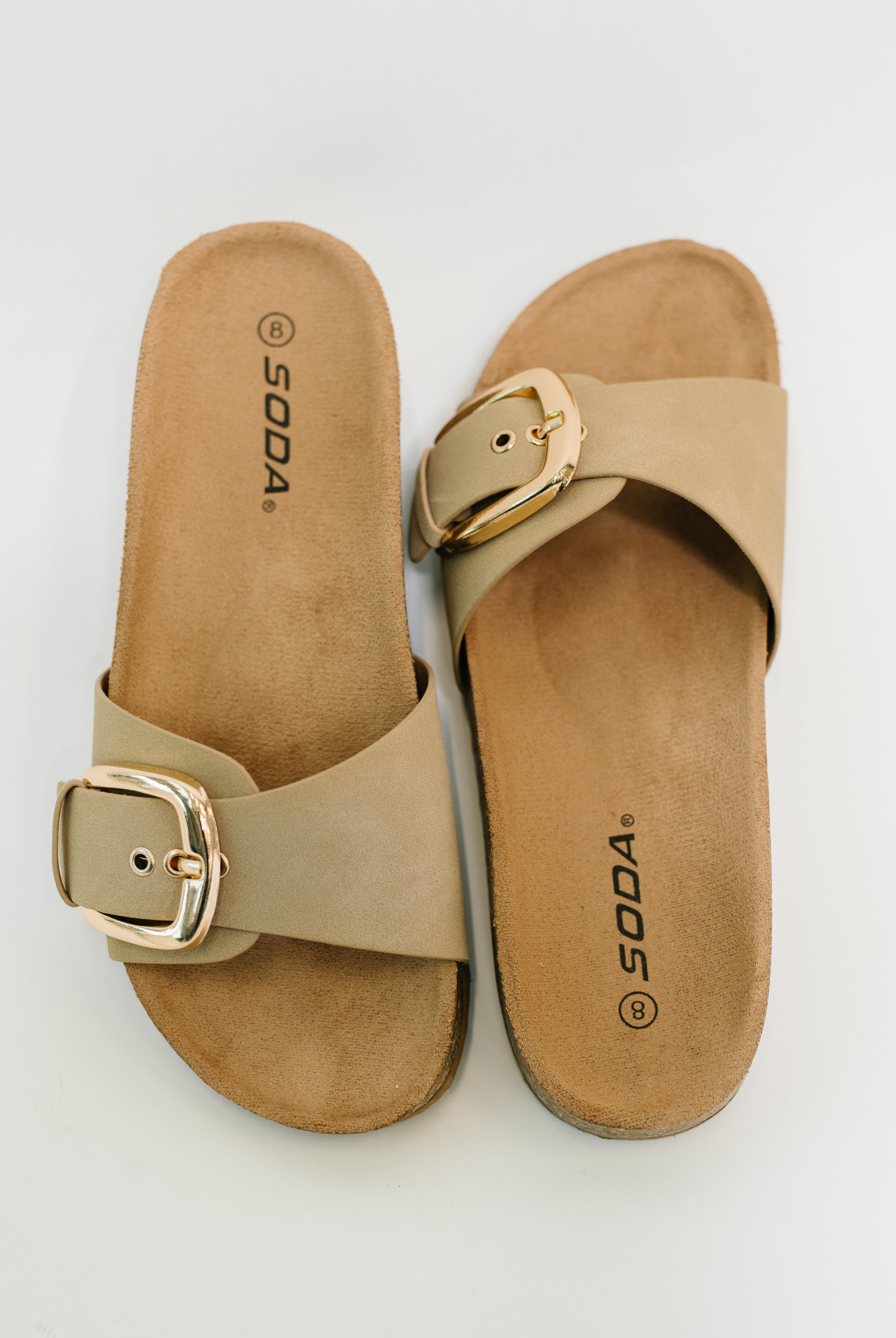 Lizzy Slip on Buckle Strap Sandal in Taupe - Charming Charlie