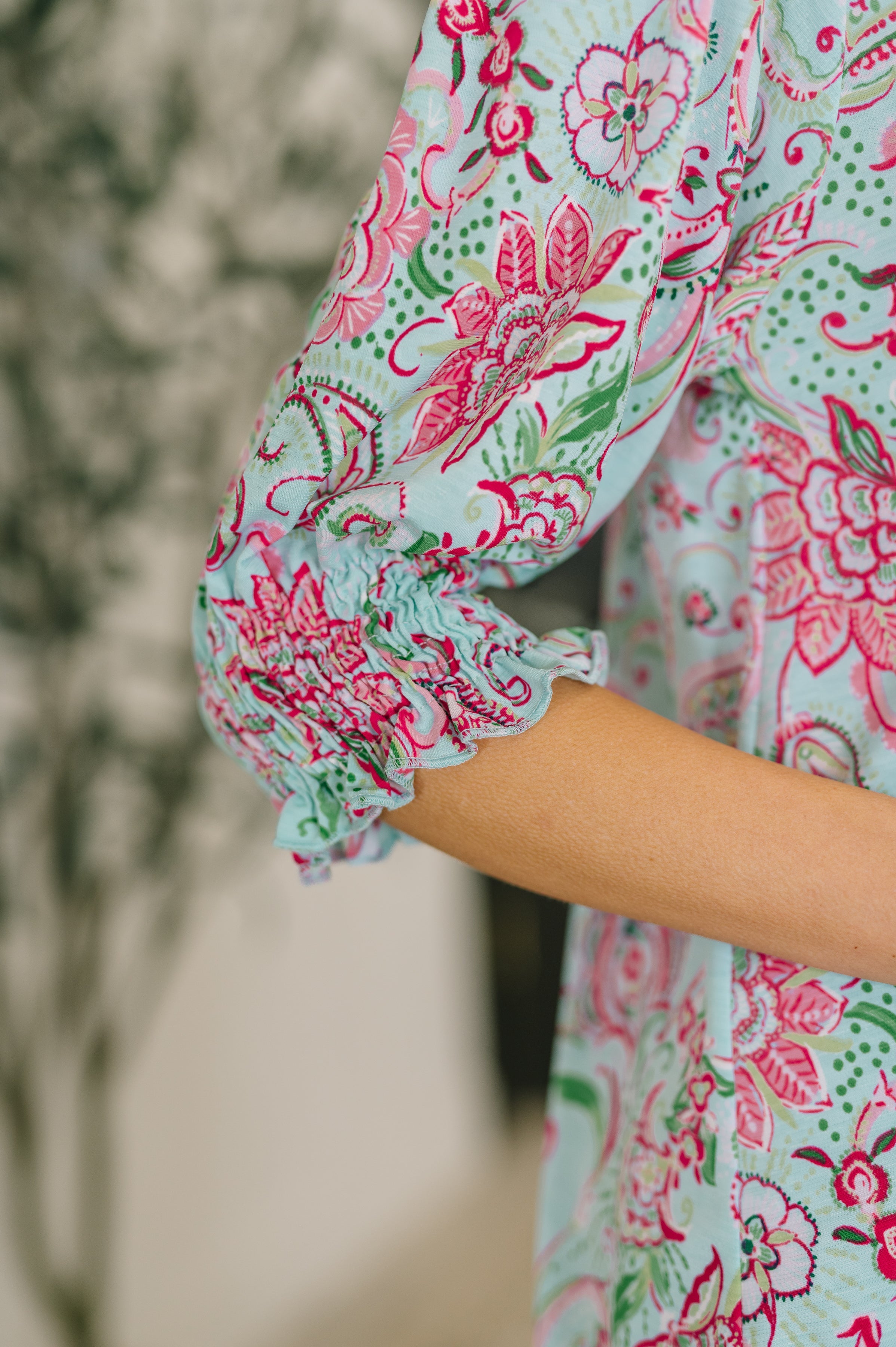 Lizzy Smock Top in Mint and Pink Floral Paisley - Charming Charlie