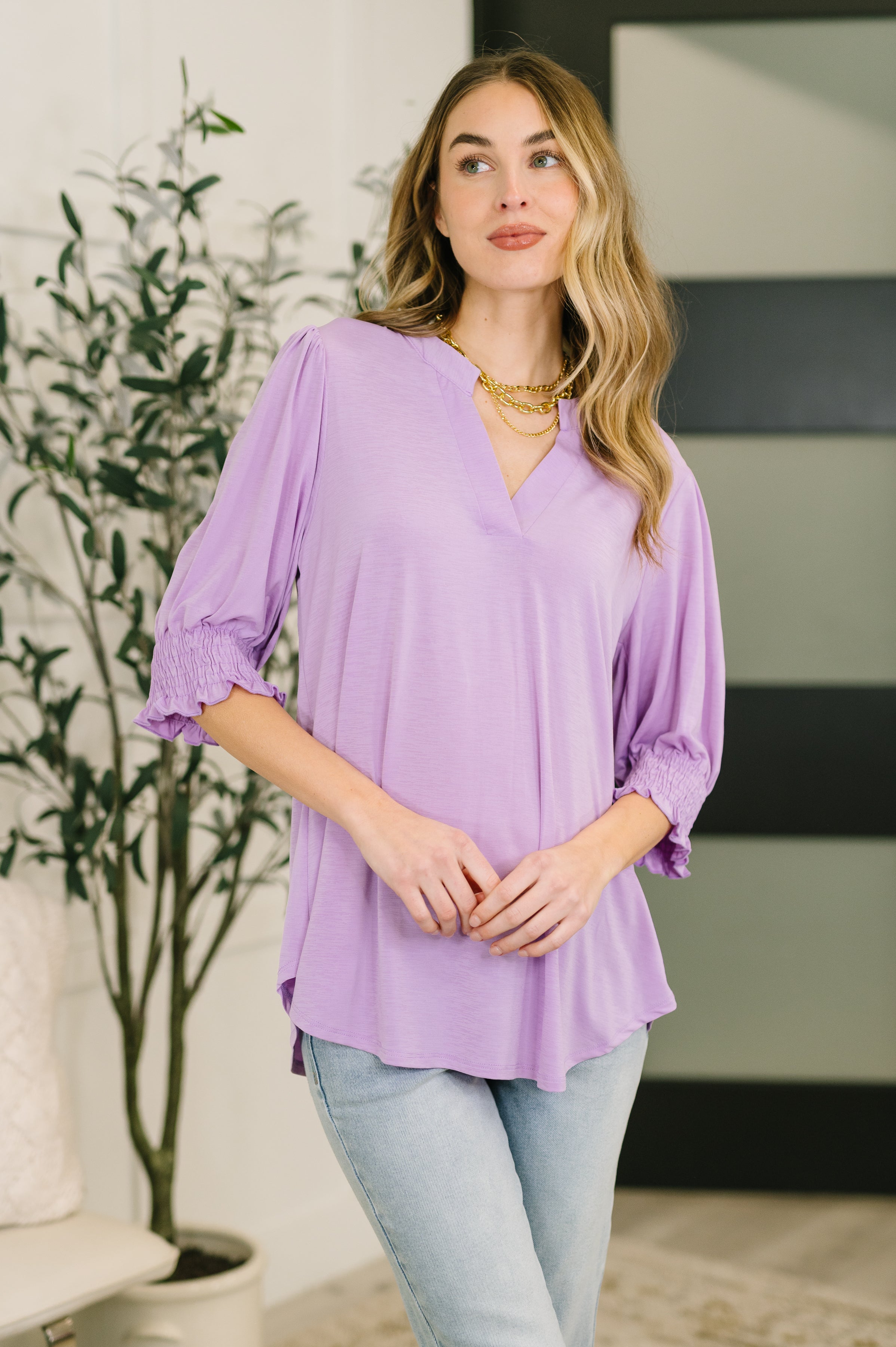 Lizzy Smock Top in Orchid Bloom - Charming Charlie