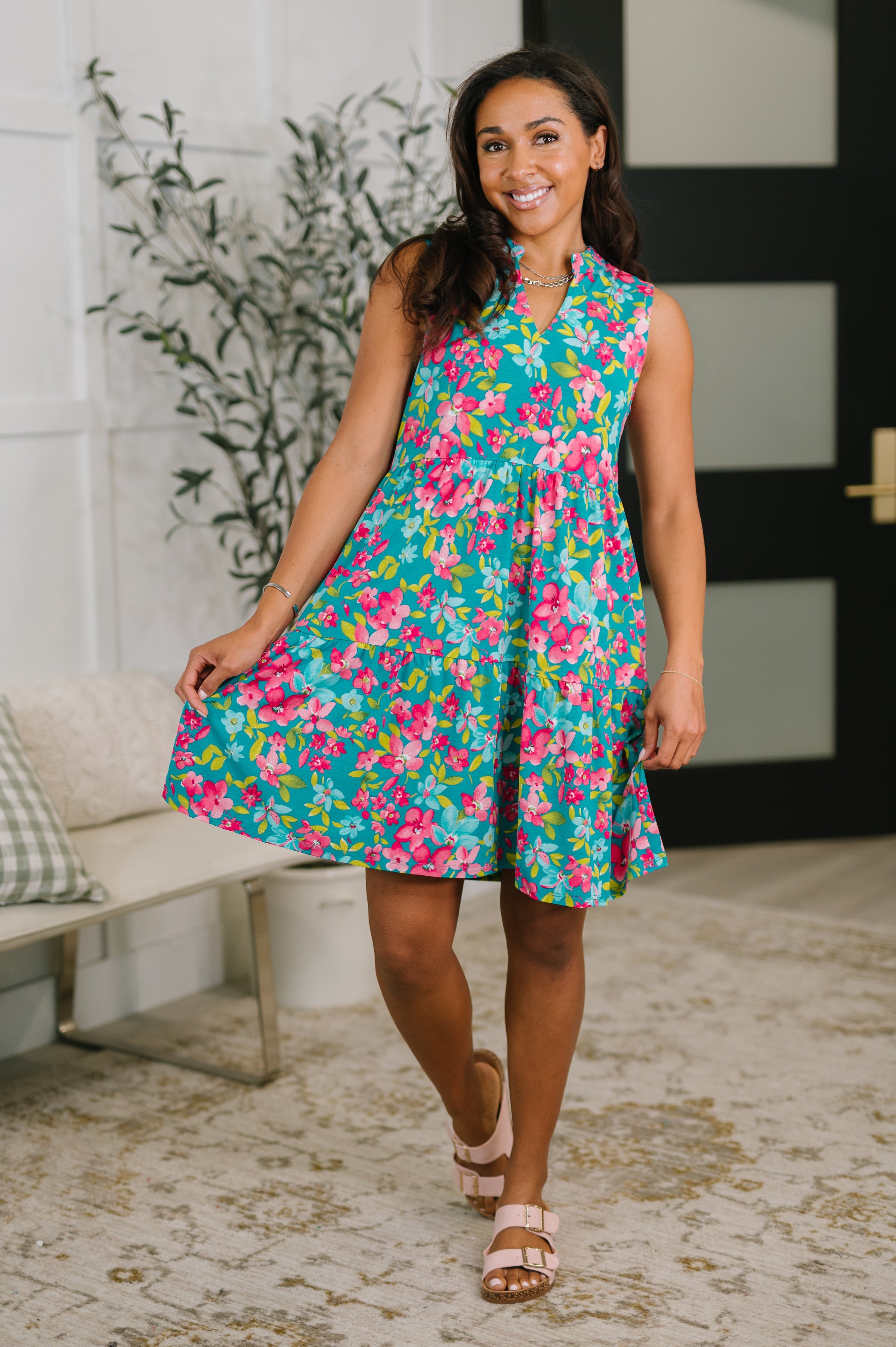 Lizzy Three Tier Tank Dress in Large Ditsy Floral - Charming Charlie