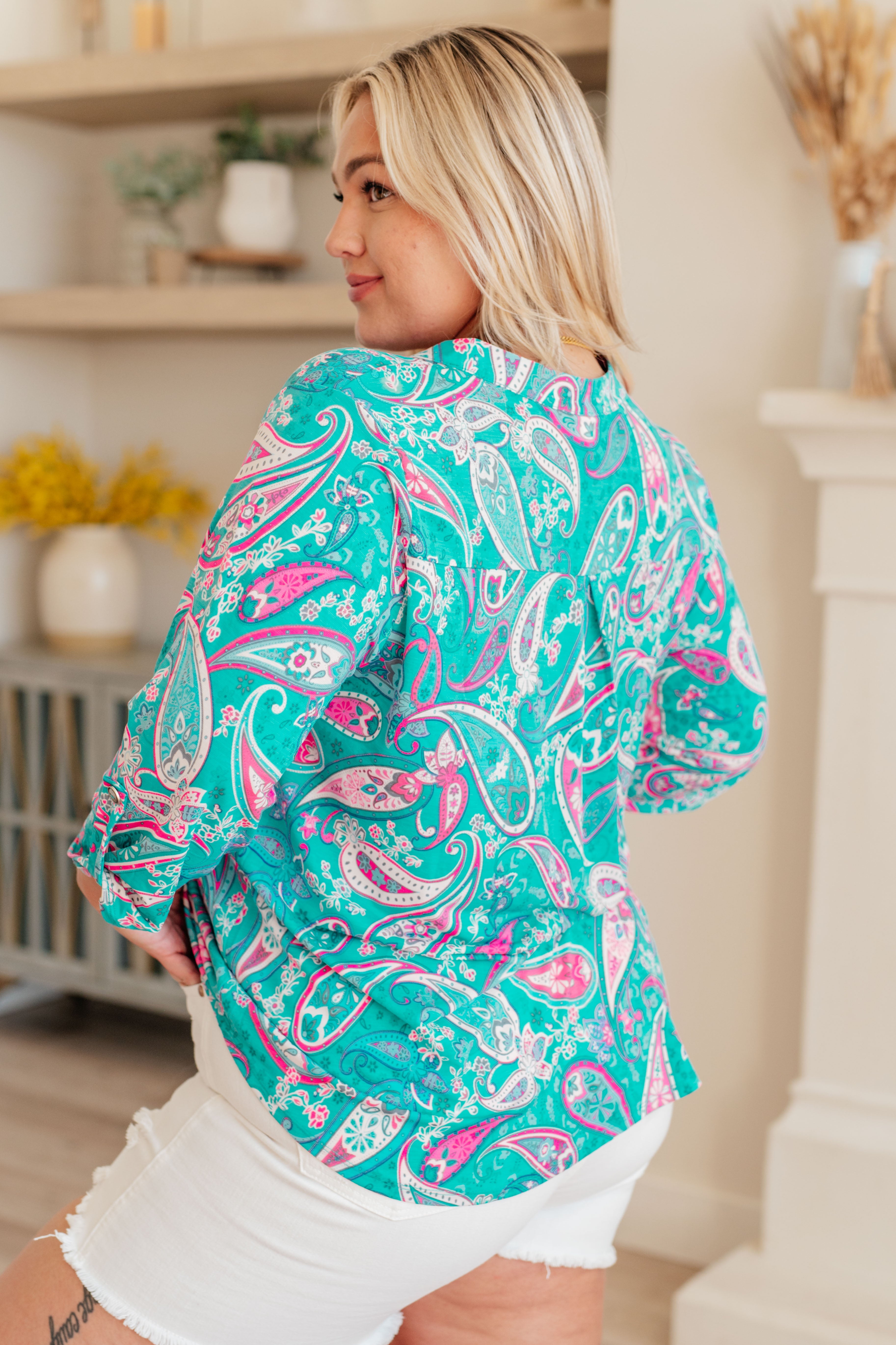 Lizzy Top in Aqua and Pink Paisley - Charming Charlie