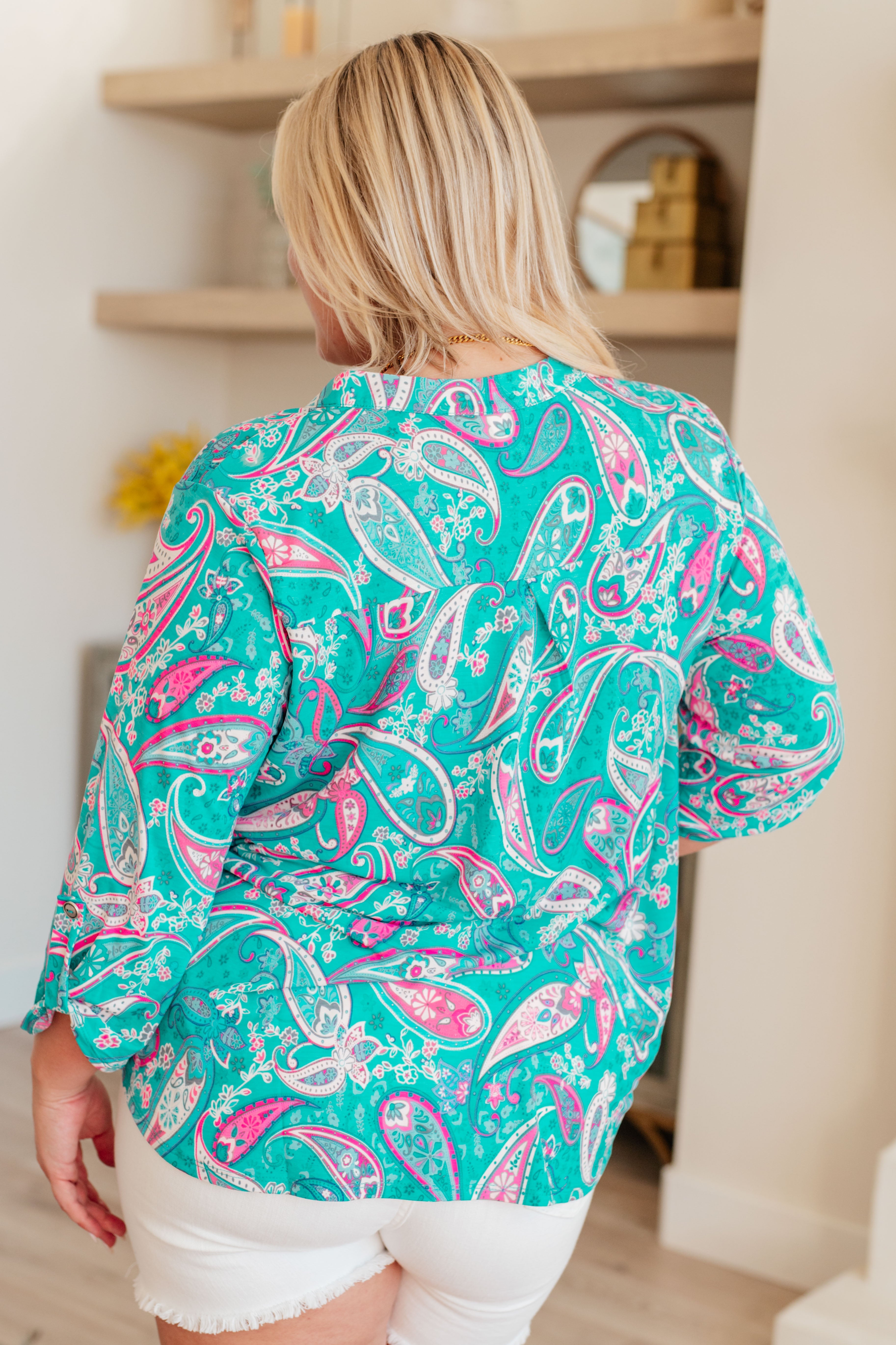 Lizzy Top in Aqua and Pink Paisley - Charming Charlie