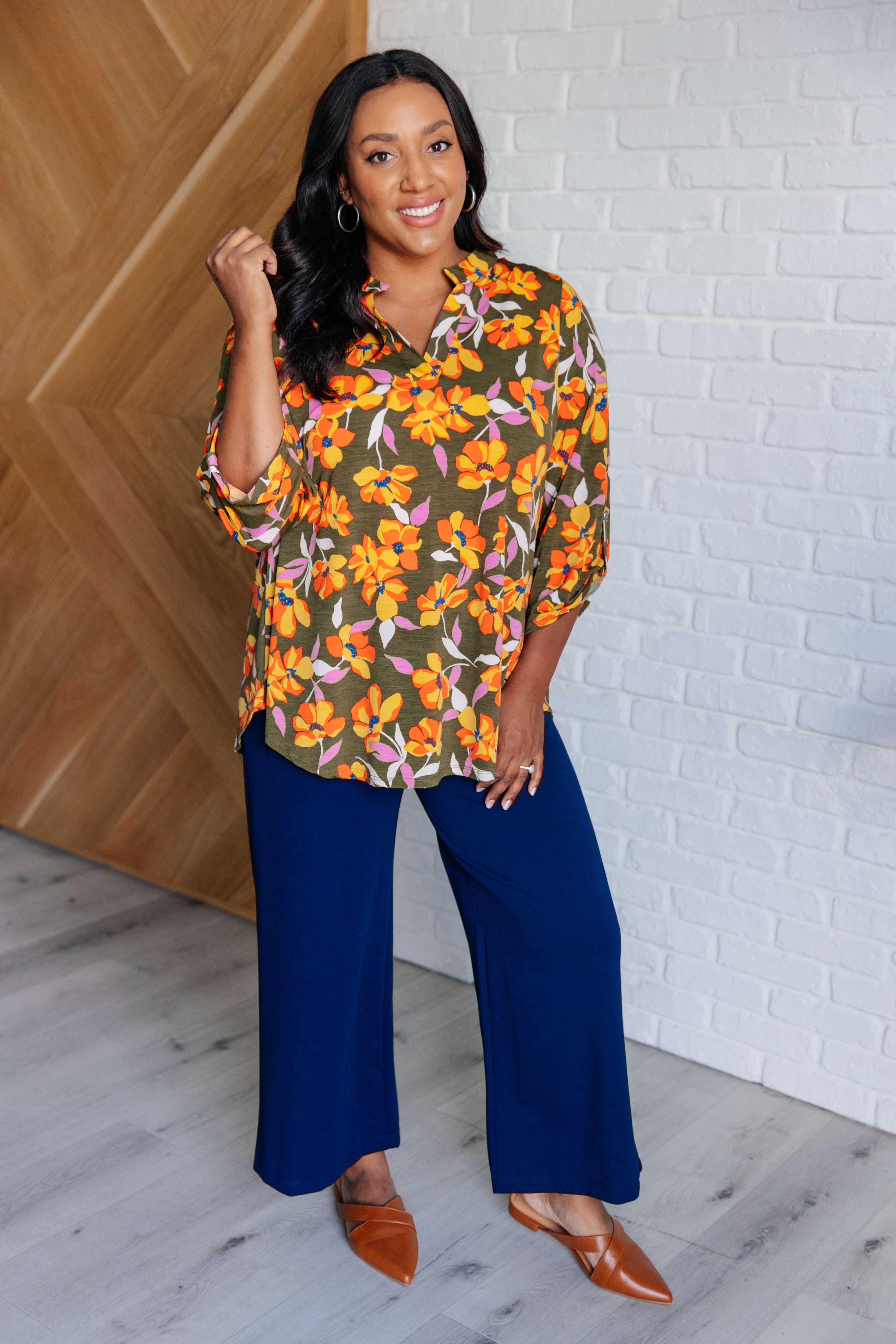 Lizzy Top in Olive and Mustard Floral - Charming Charlie
