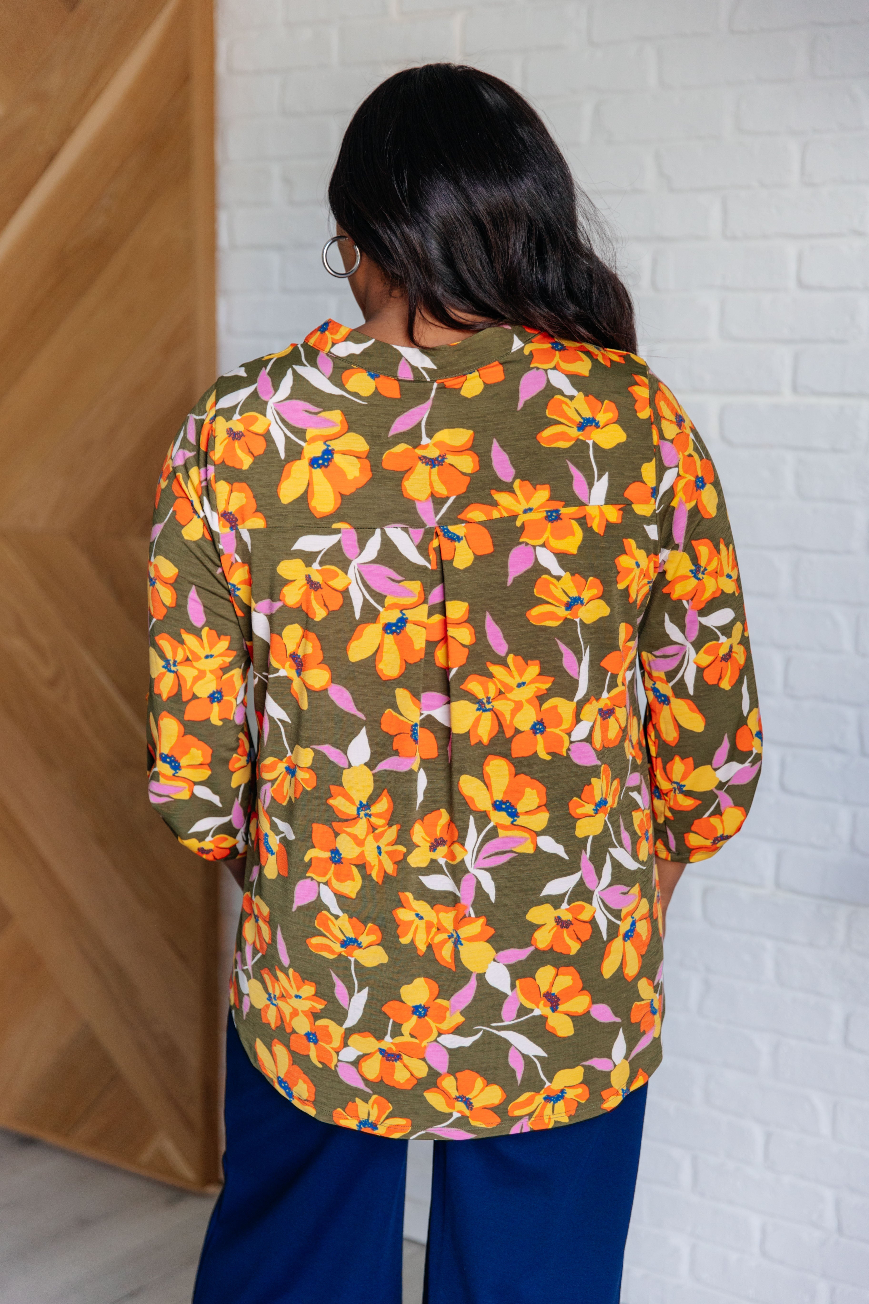 Lizzy Top in Olive and Mustard Floral - Charming Charlie