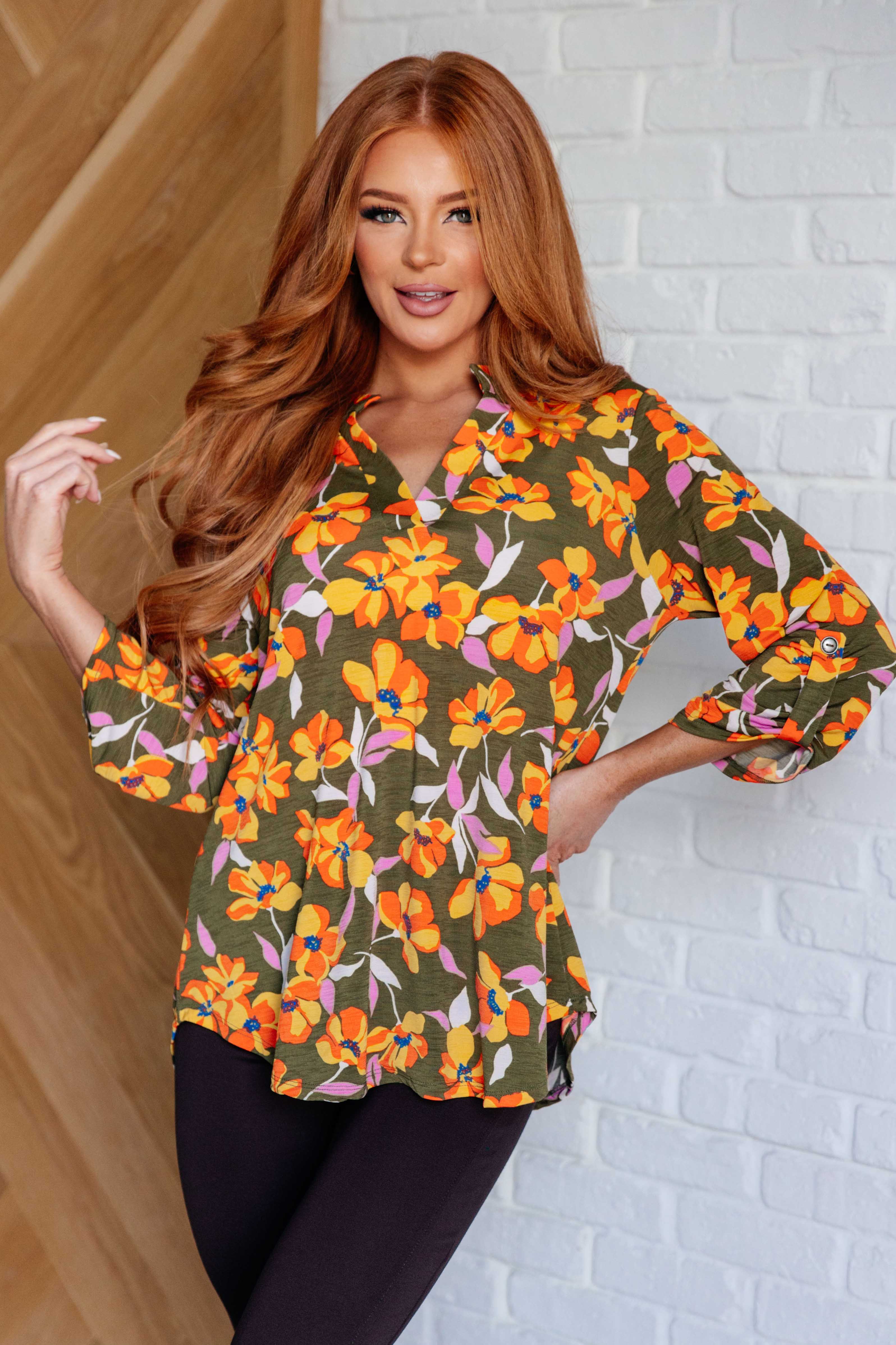 Lizzy Top in Olive and Mustard Floral - Charming Charlie
