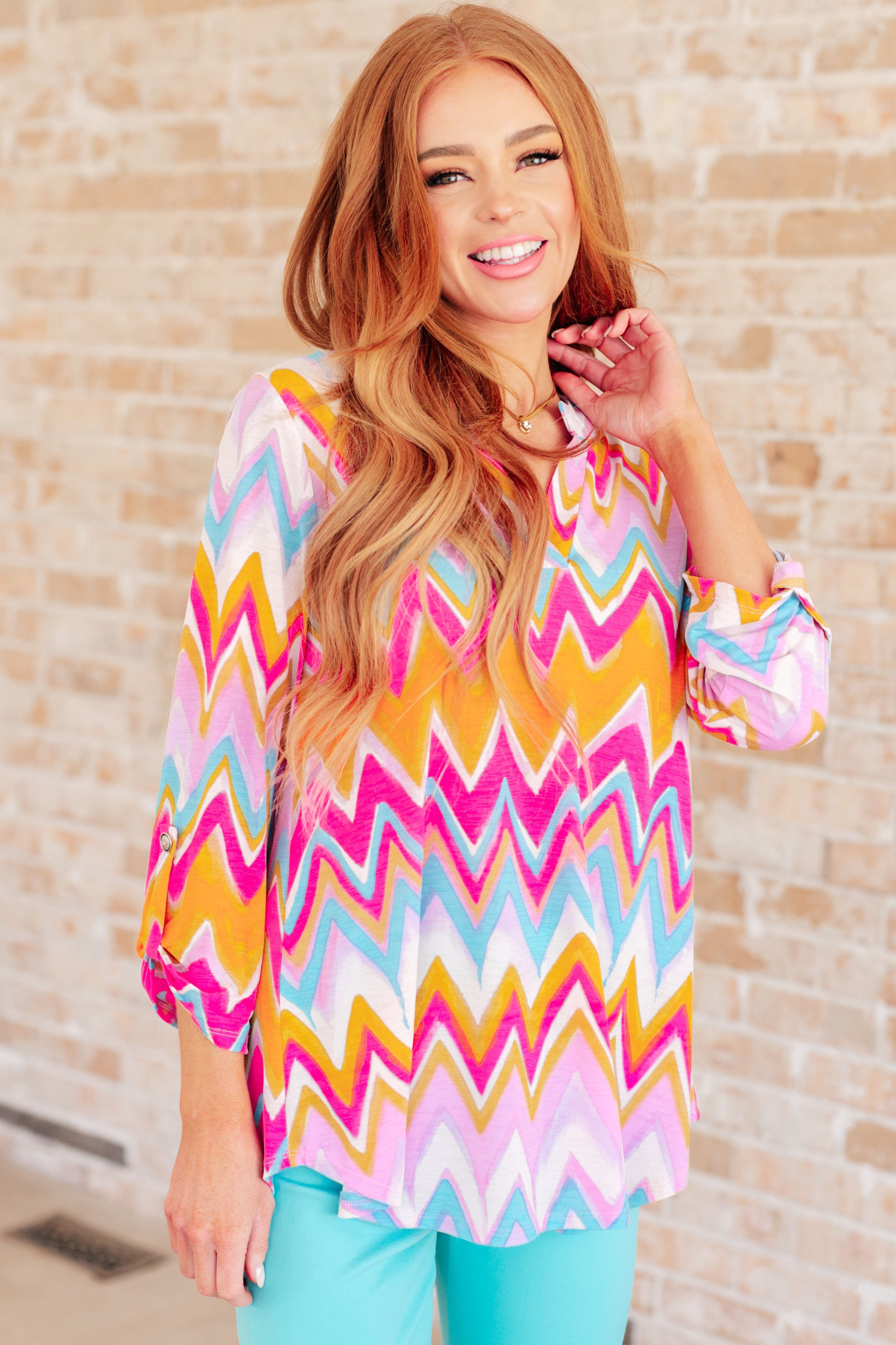 Lizzy Top in Orange Multi Chevron - Charming Charlie