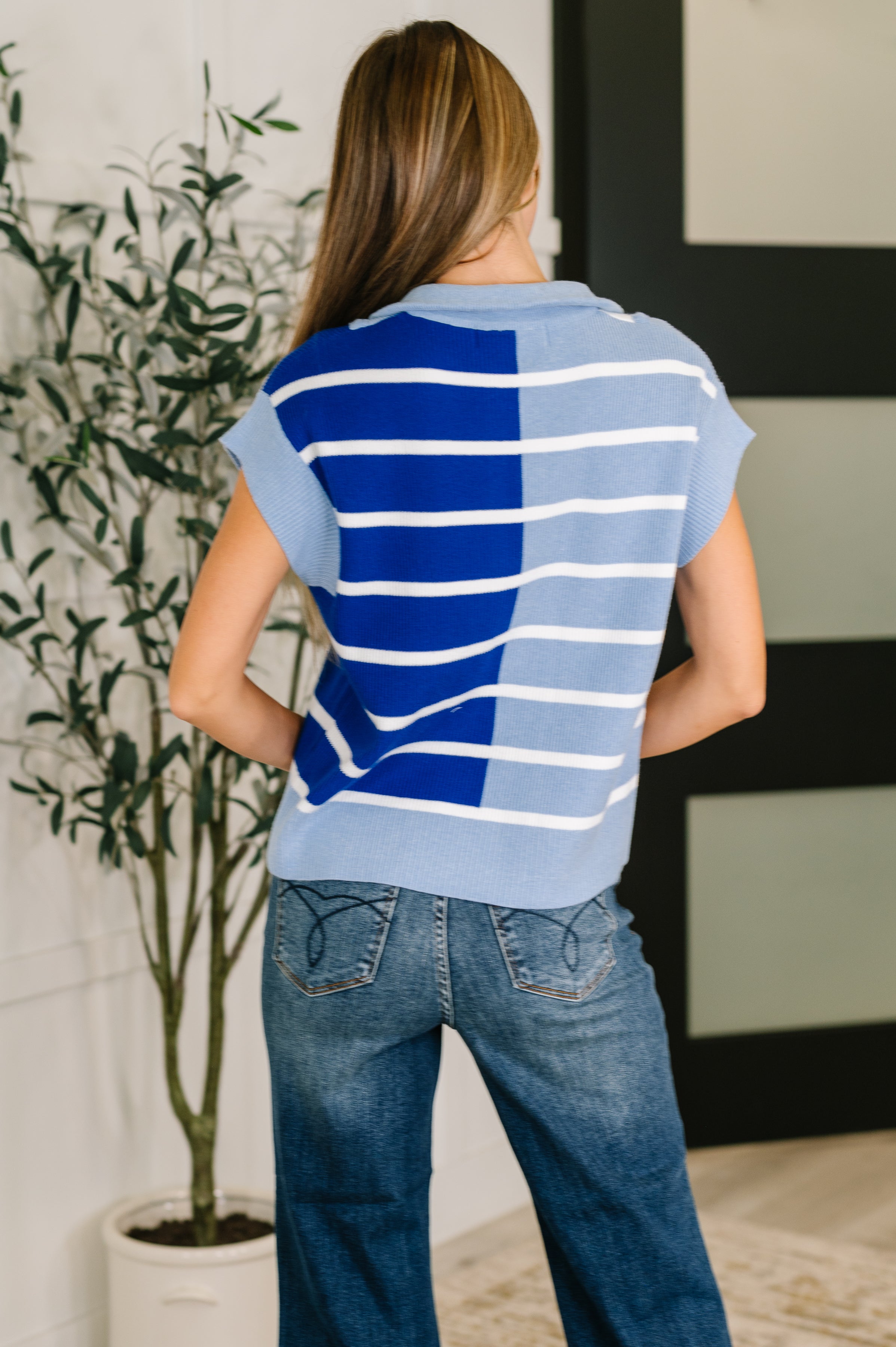 Lonely Traveler Striped Quarter Zip Vest in Blue - Charming Charlie