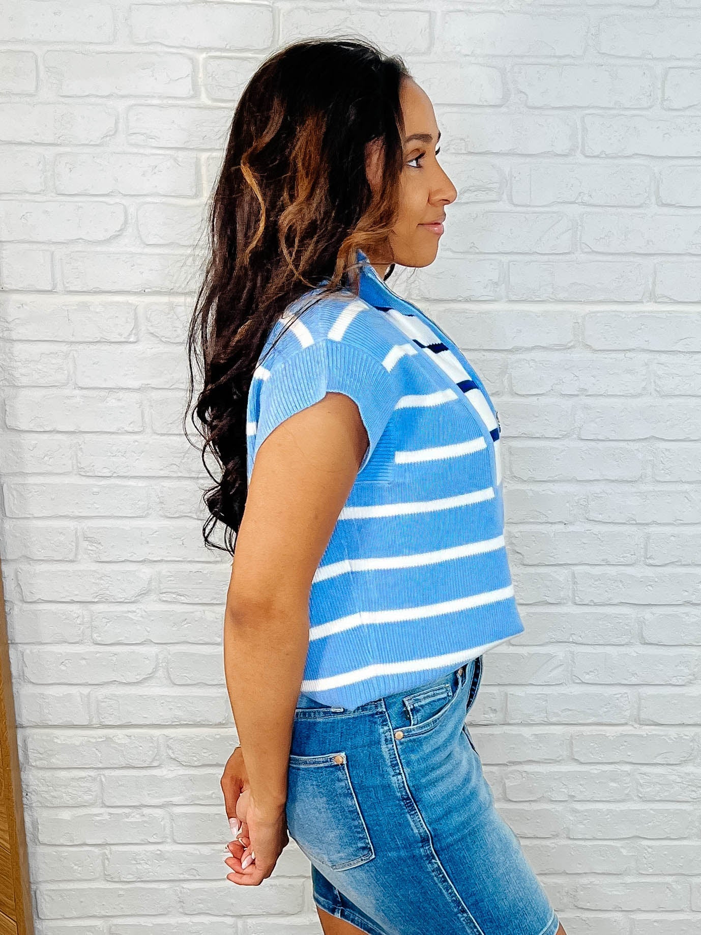 Lonely Traveler Striped Quarter Zip Vest in Blue - Charming Charlie