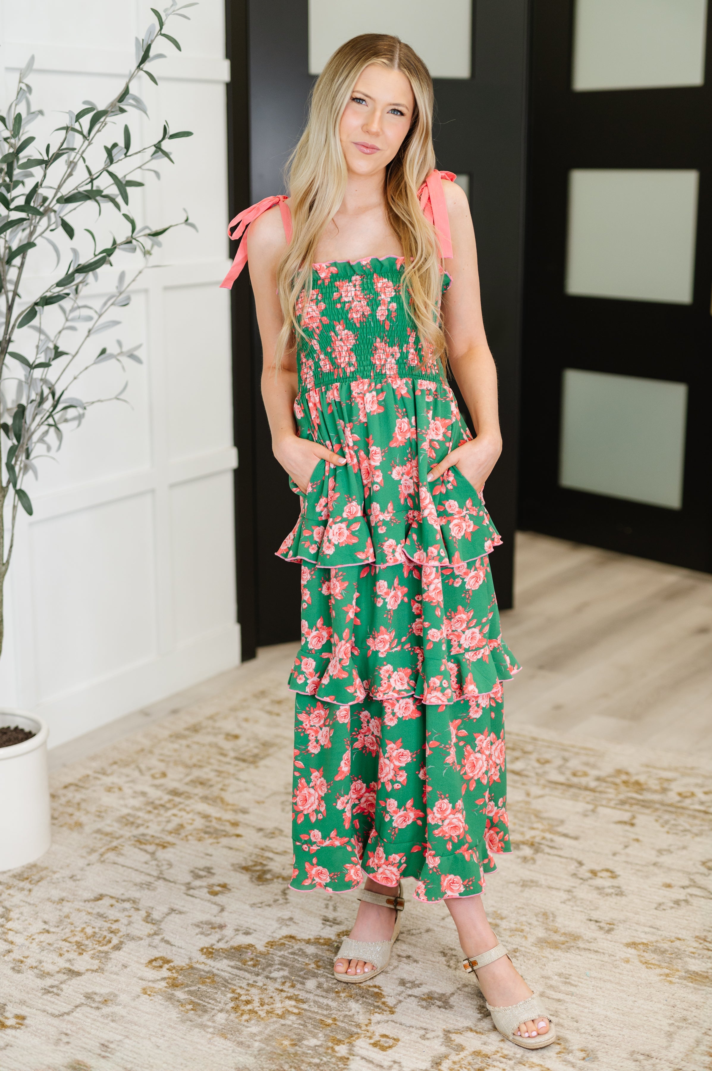 Low Effort, High Impact Tiered Dress in Green/Coral - Charming Charlie