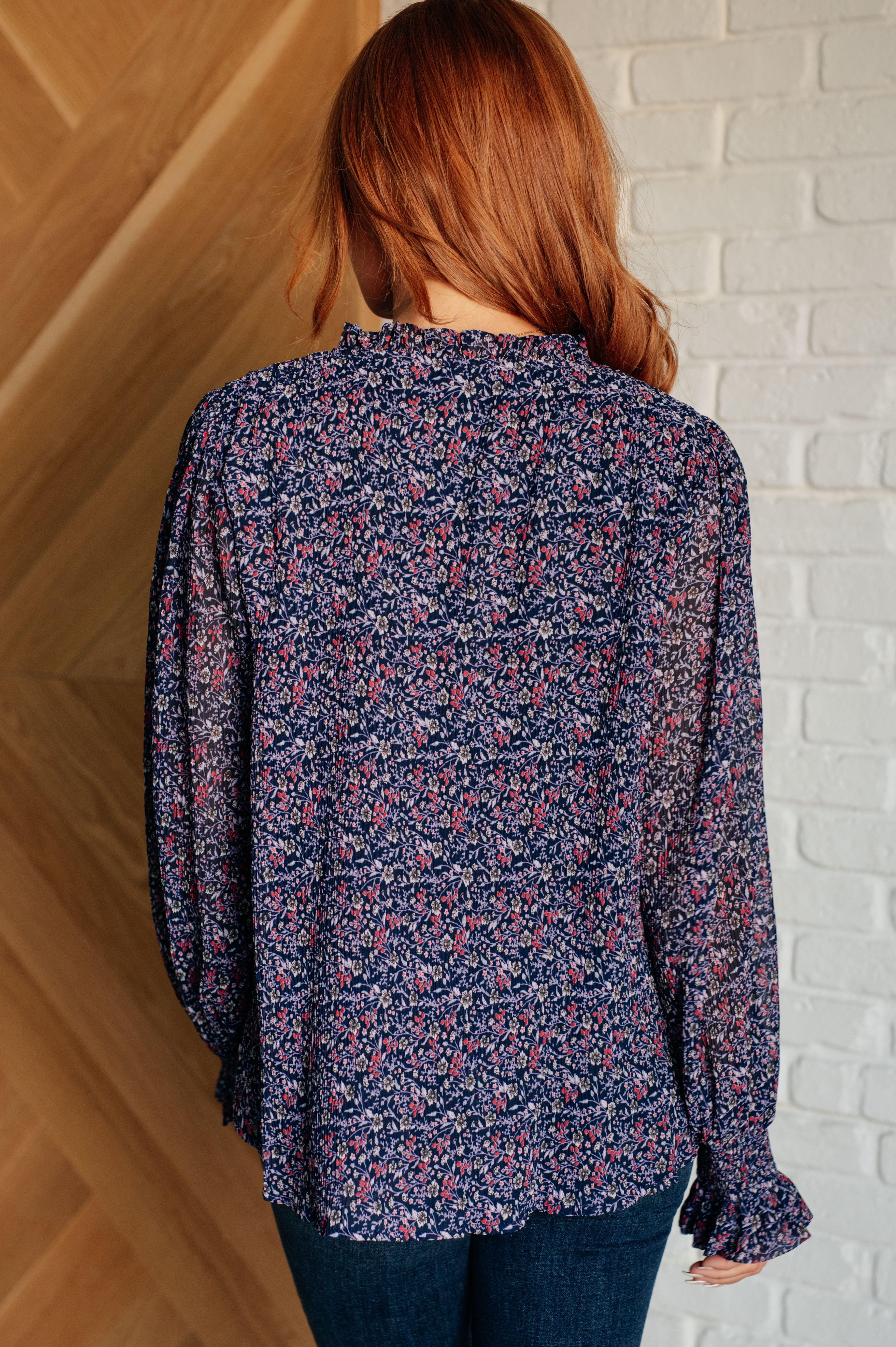 Lucid Dream Ruffle Neckline Blouse in Navy - Charming Charlie