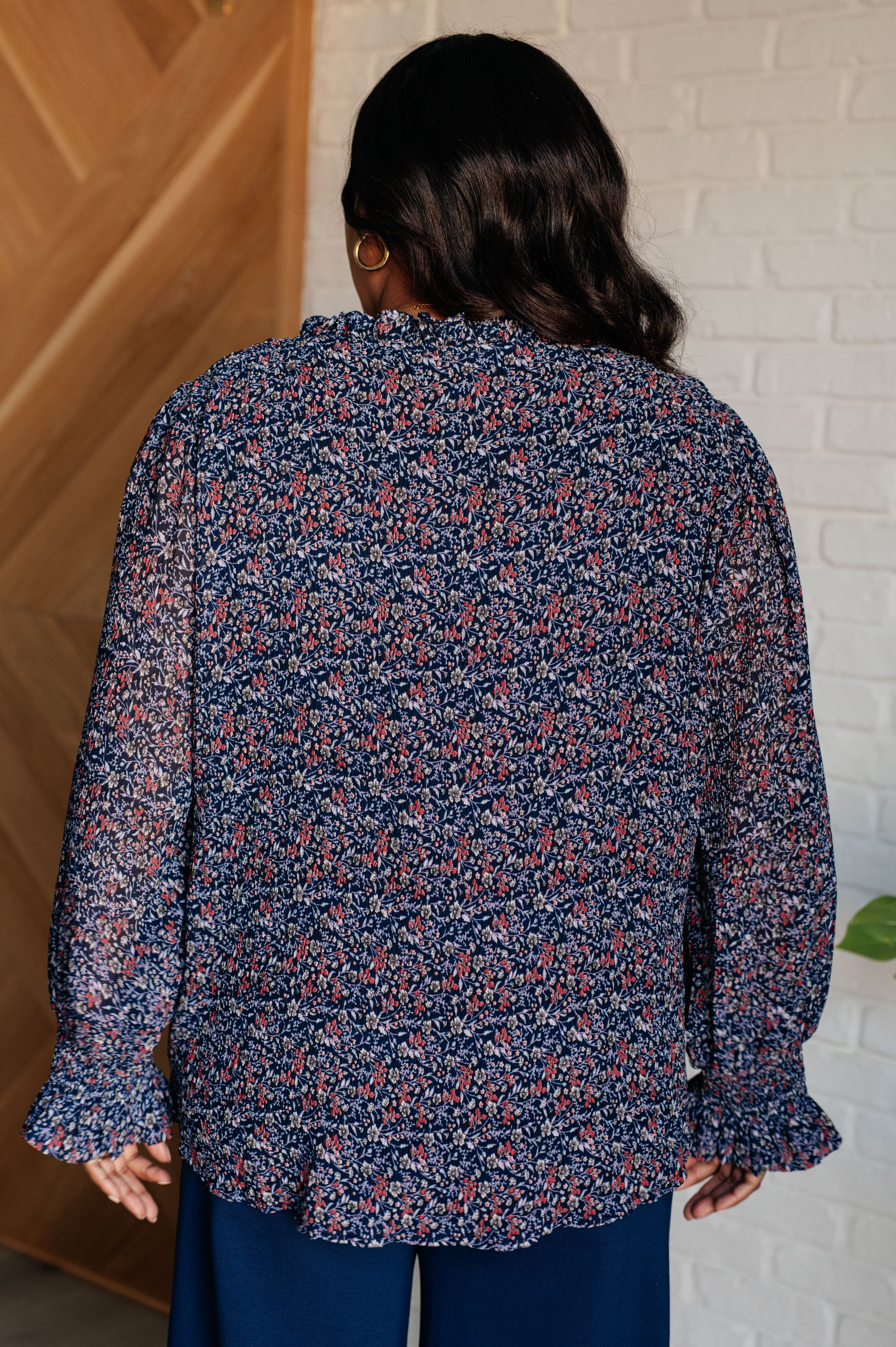 Lucid Dream Ruffle Neckline Blouse in Navy - Charming Charlie