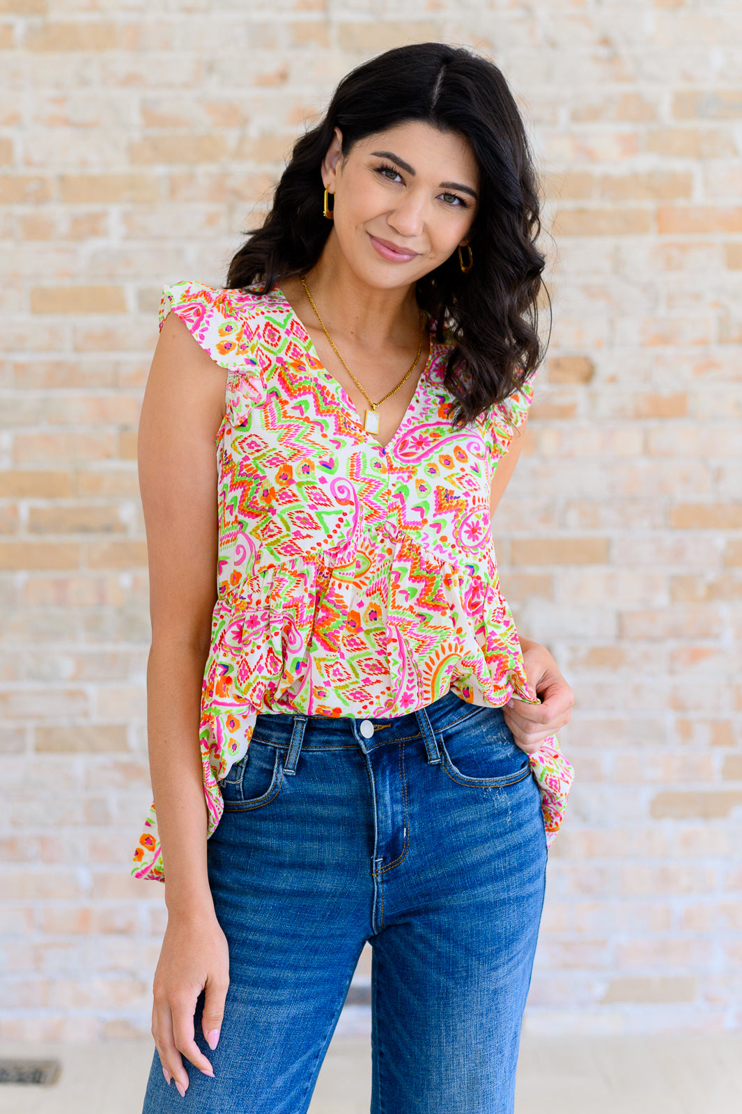 Lucy Eyelets Top in Ivory Multi - Charming Charlie