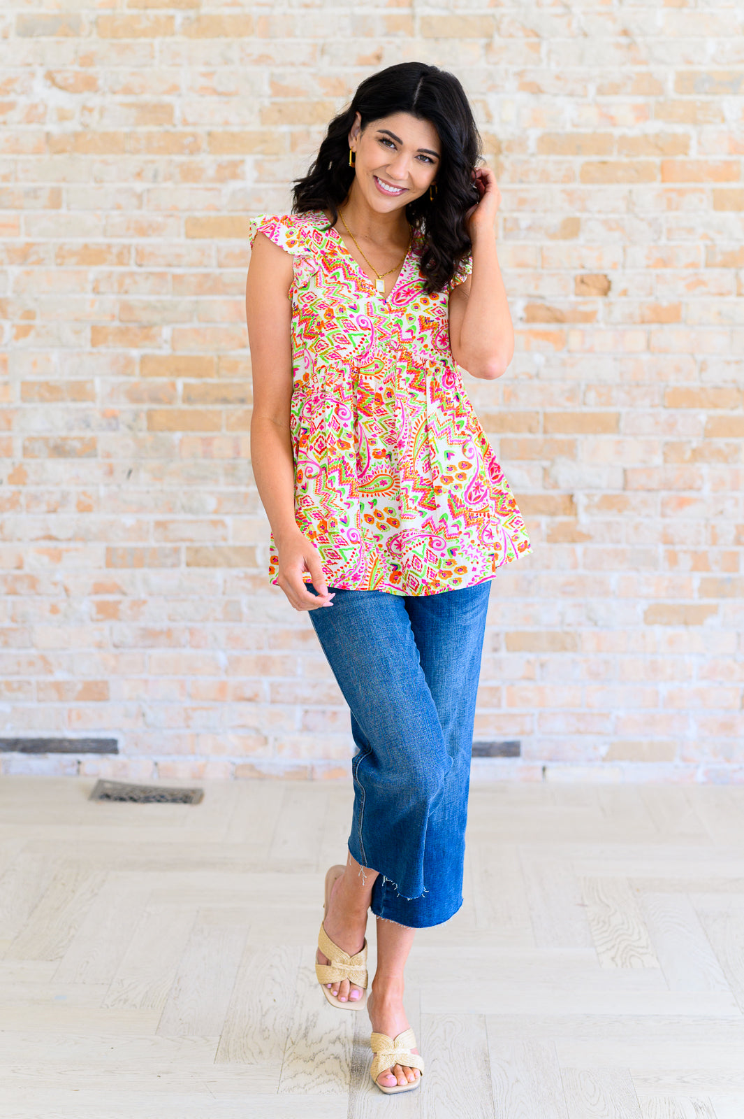 Lucy Eyelets Top in Ivory Multi - Charming Charlie