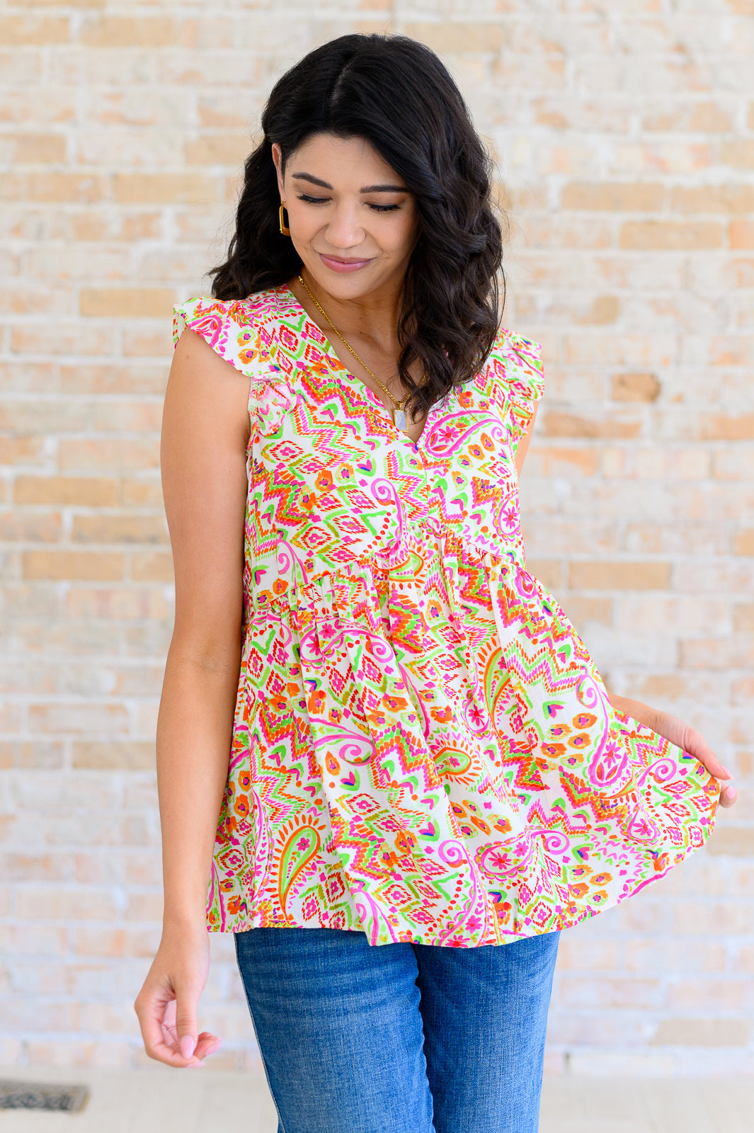 Lucy Eyelets Top in Ivory Multi - Charming Charlie