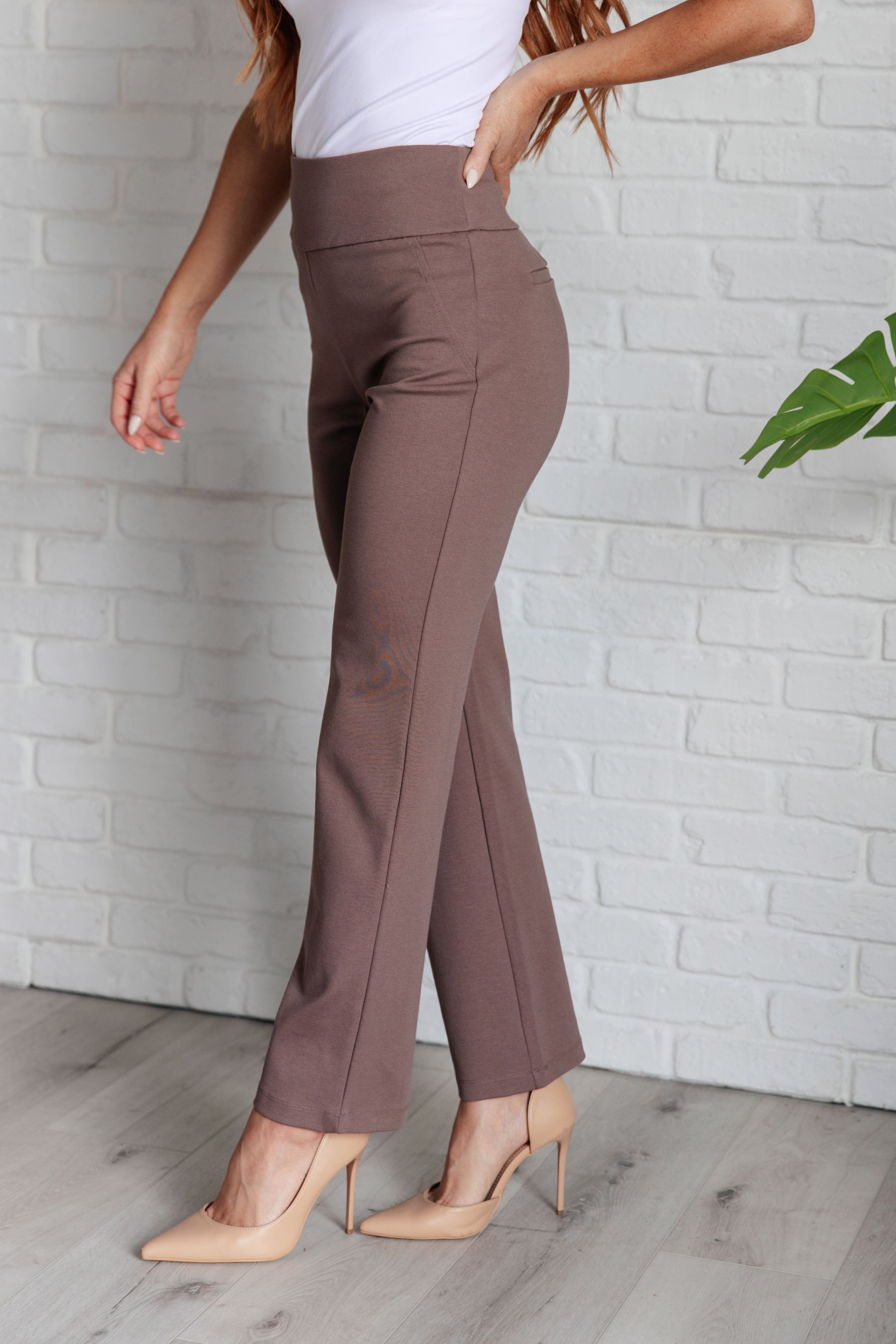 Magic Straight Pants in Dark Mocha - Charming Charlie