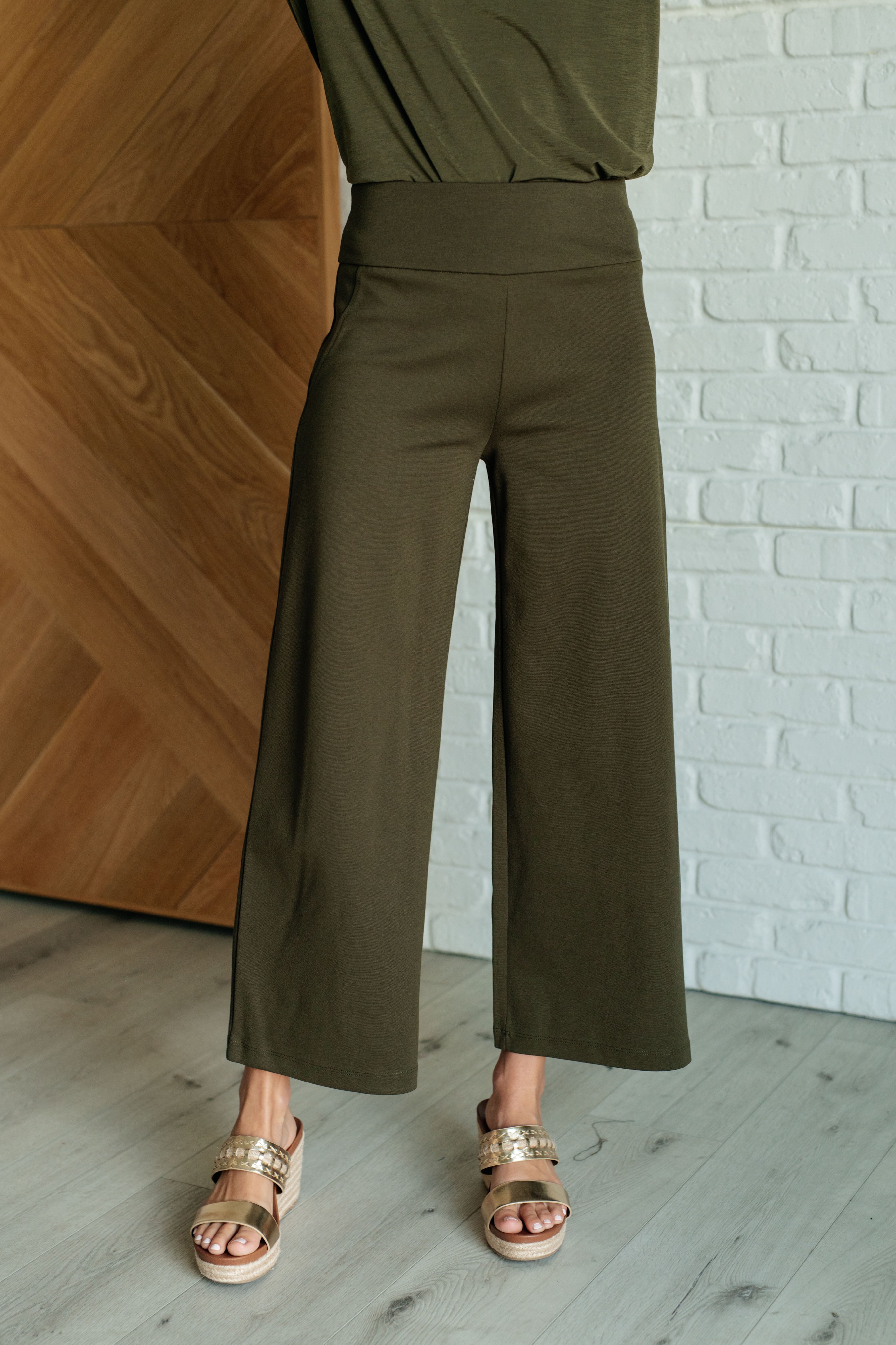 Magic Wide Leg Crop Pants in Olive - Charming Charlie