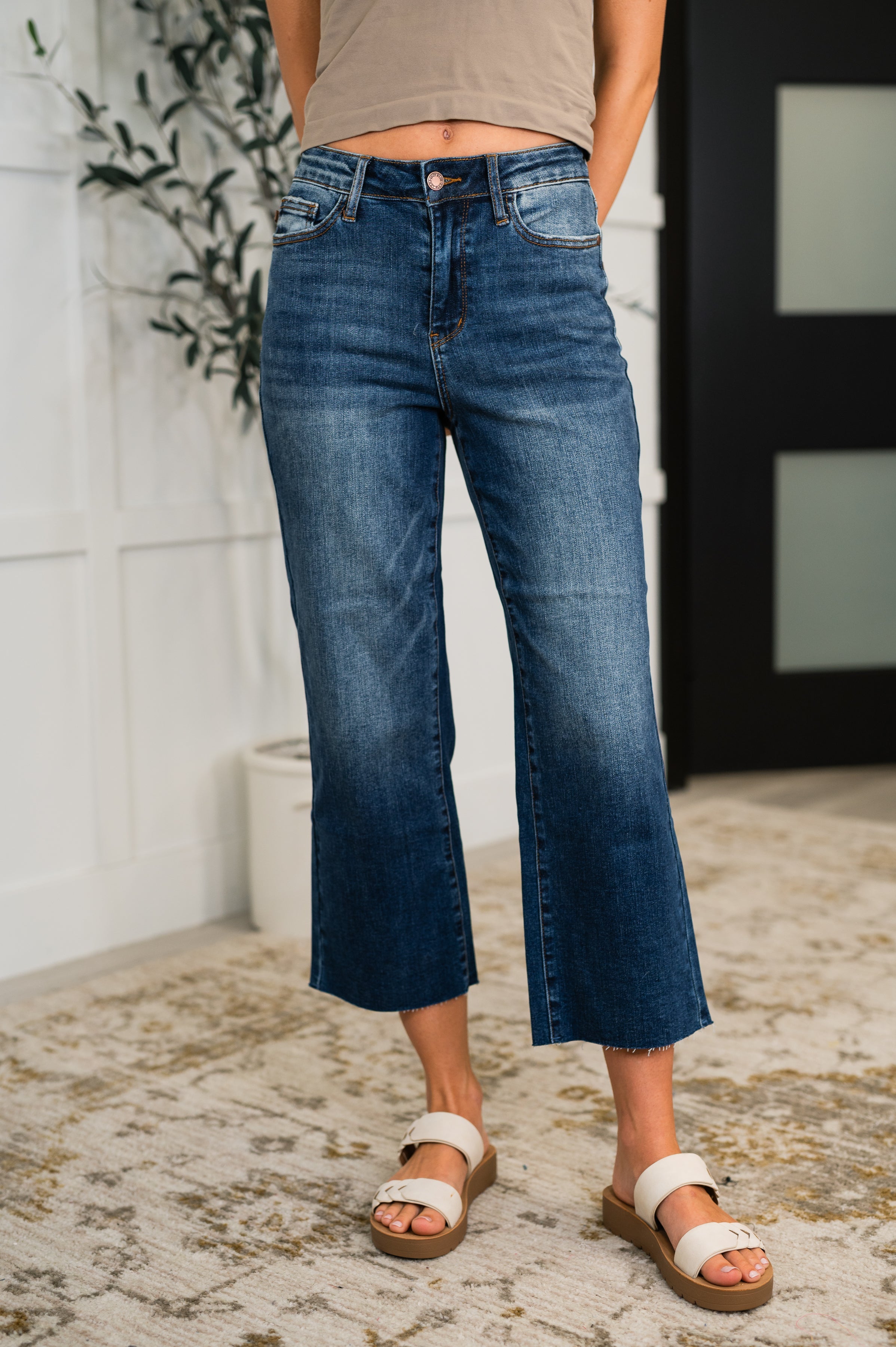 Maisie High Waist Back Pocket Embroidery Crop Wide - Charming Charlie