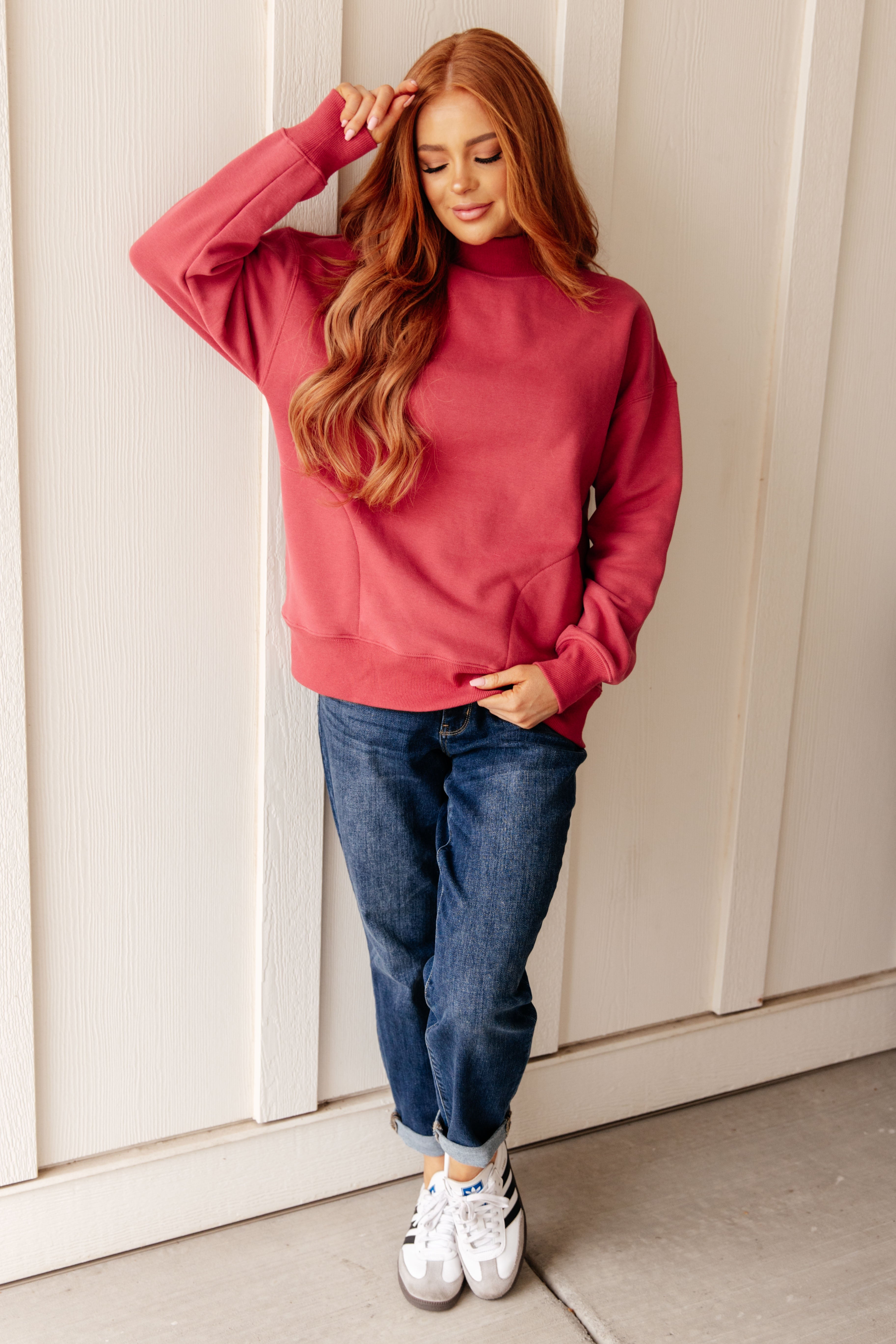 Make No Mistake Mock Neck Pullover in Cranberry - Charming Charlie