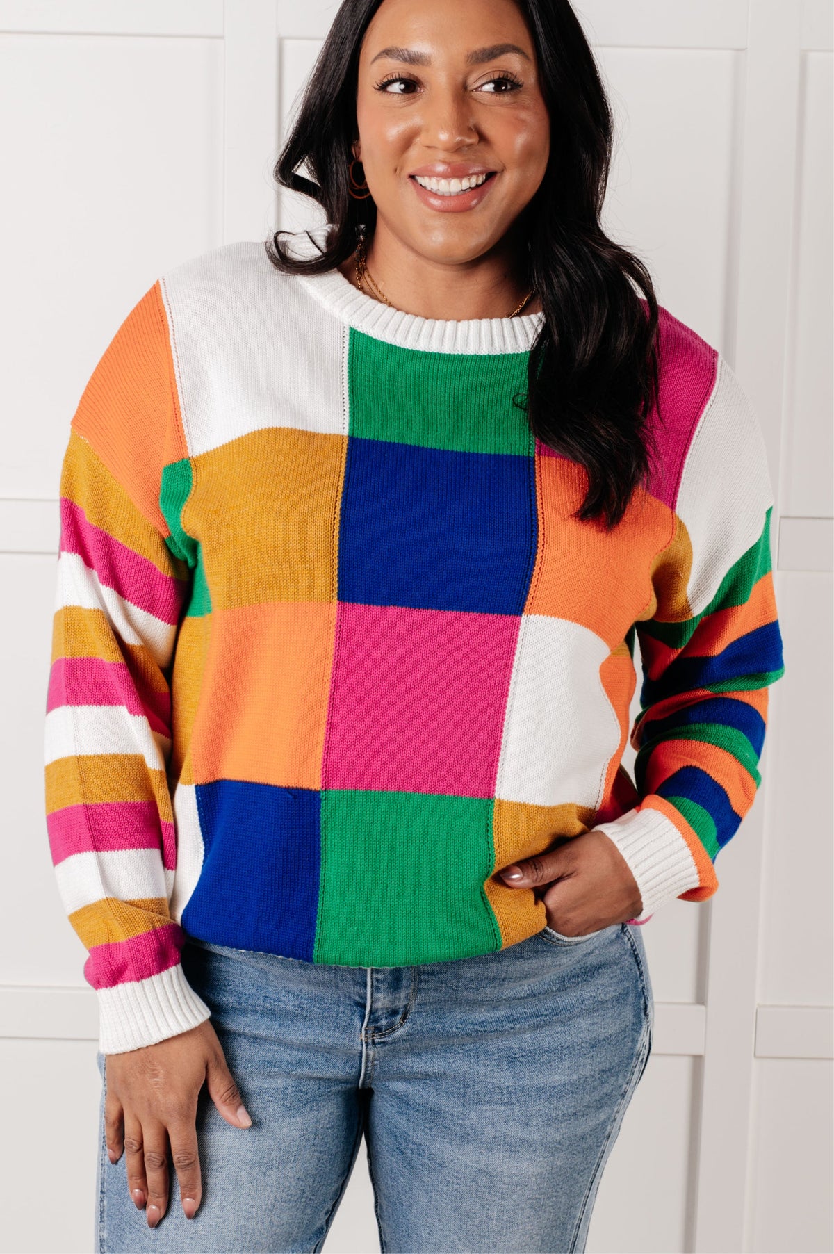 Manifesting Moment Checkered Color Block Sweater - Charming Charlie